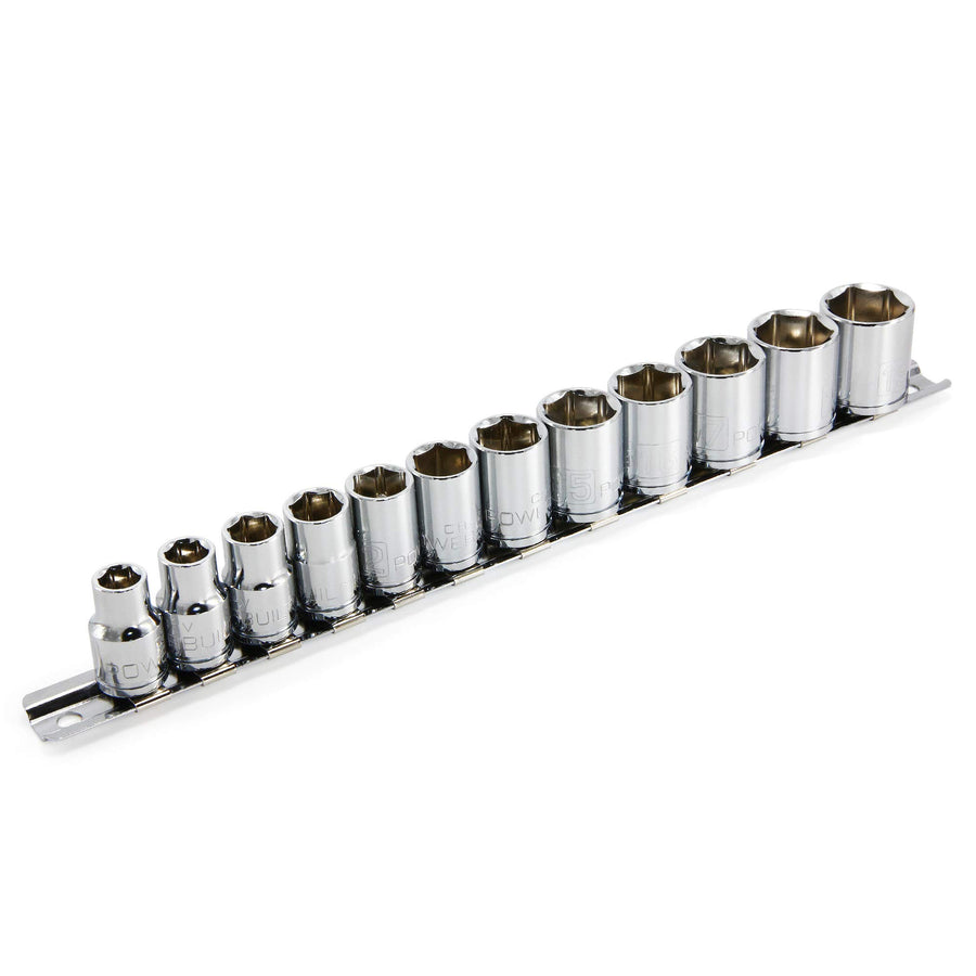 12 Pc. Powerbuilt 3/8 Inch Drive Metric Socket Set – 6 Point Shallow Sockets 8-19mm, Chrome Vanadium Steel with Mirror Finish, Easy-Read Markings, Z-Drive Grip, Includes Metal Socket Rail – 645008