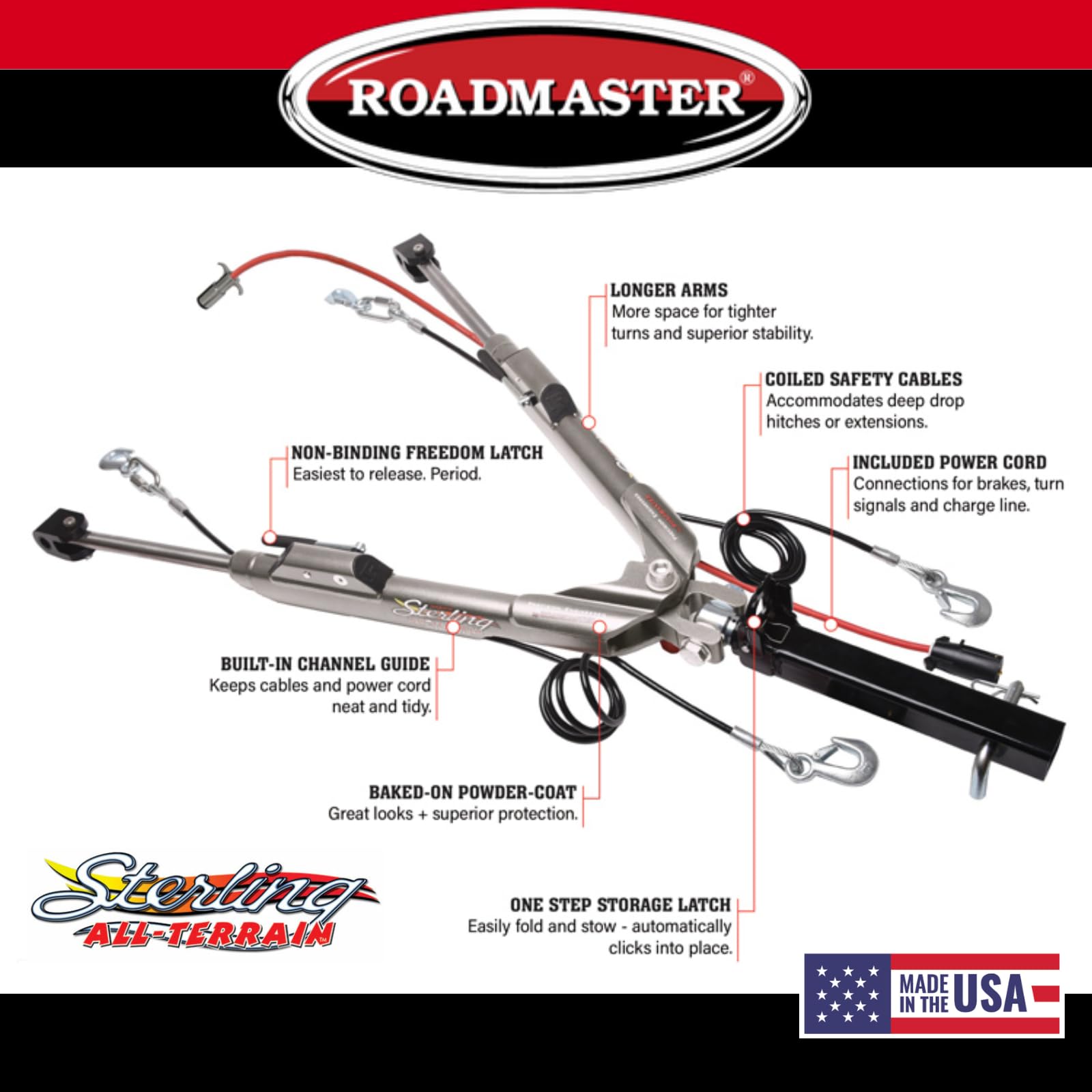 Roadmaster Sterling 576 All Terrain Tow Bar fits Roadmaster Baseplates | Hauls Up to 8,000 lbs | Non-Binding Design | Large Hook-Up Radius | Powder-Coated Finish