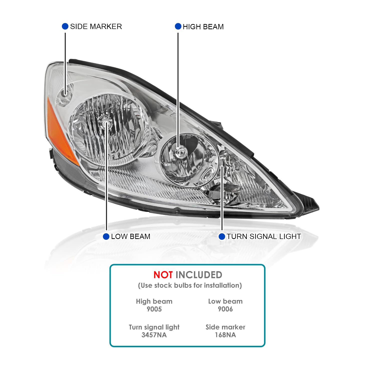 Passenger Side Right Spec-D Tuning Chrome Headlight Compatible with 2006-2010 Toyota Sienna