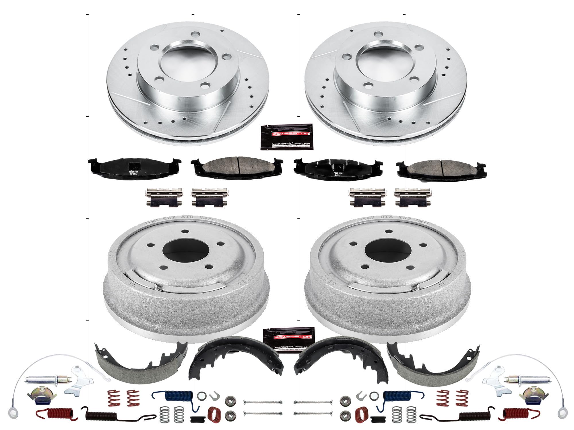 Power Stop K15093DK Z23 Carbon Fiber Brake Pads Front and Rear with Drilled & Slotted Brake Drums Kit For Ford F-150 1994-1996 [Model Specific]