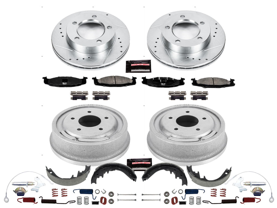 Power Stop K15093DK Z23 Carbon Fiber Brake Pads Front and Rear with Drilled & Slotted Brake Drums Kit For Ford F-150 1994-1996 [Model Specific]