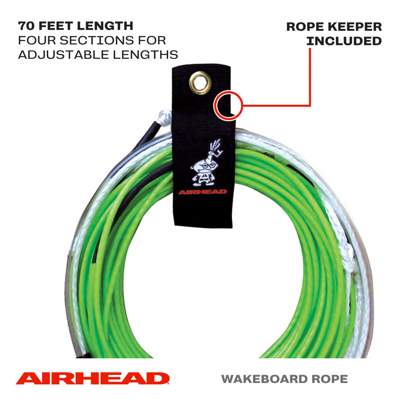 Dyneema Airhead Flat Line Wakeboard Rope, 4 Sections, 70-Feet, Green