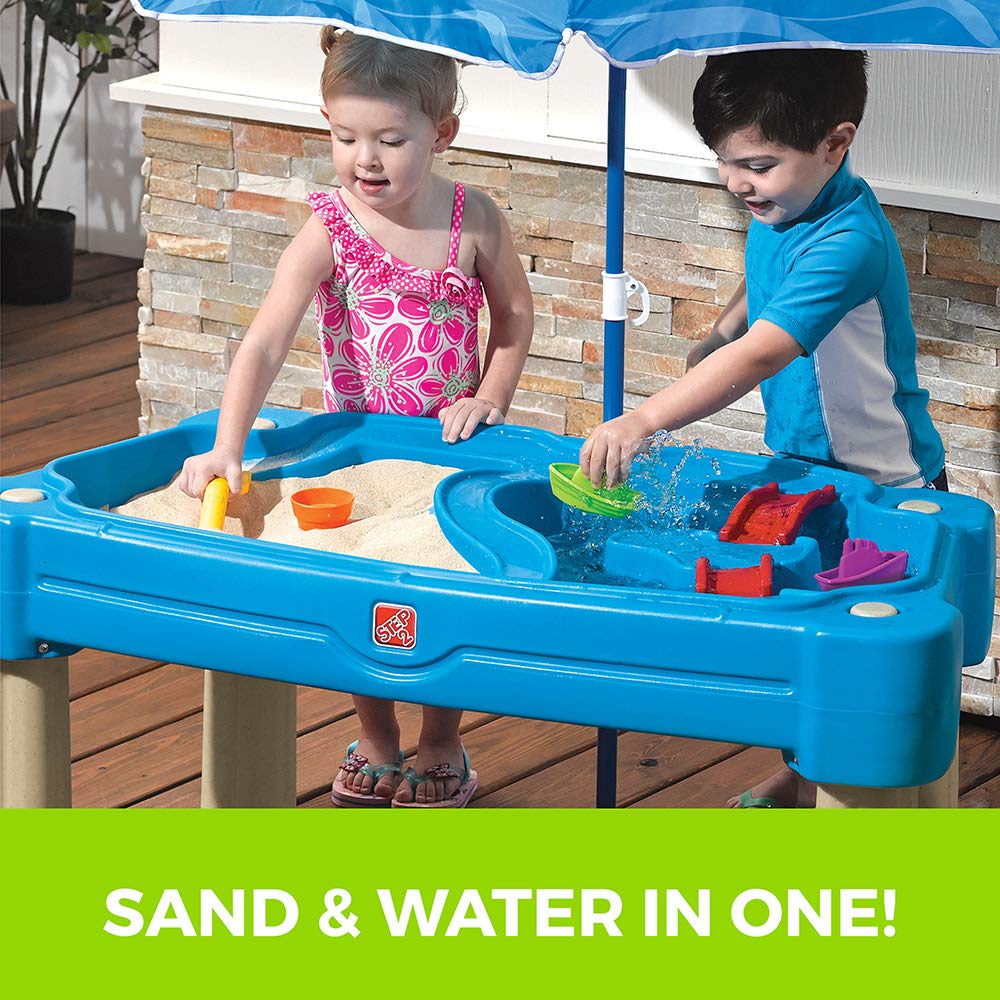 Step2 Sand and Water Table Cascading Cove, Kids Activity Sensory Playset, Comes with Umbrella, Summer Outdoor Toys, 7 Piece Toy Accessories, For Toddlers 1.5+ Years Old