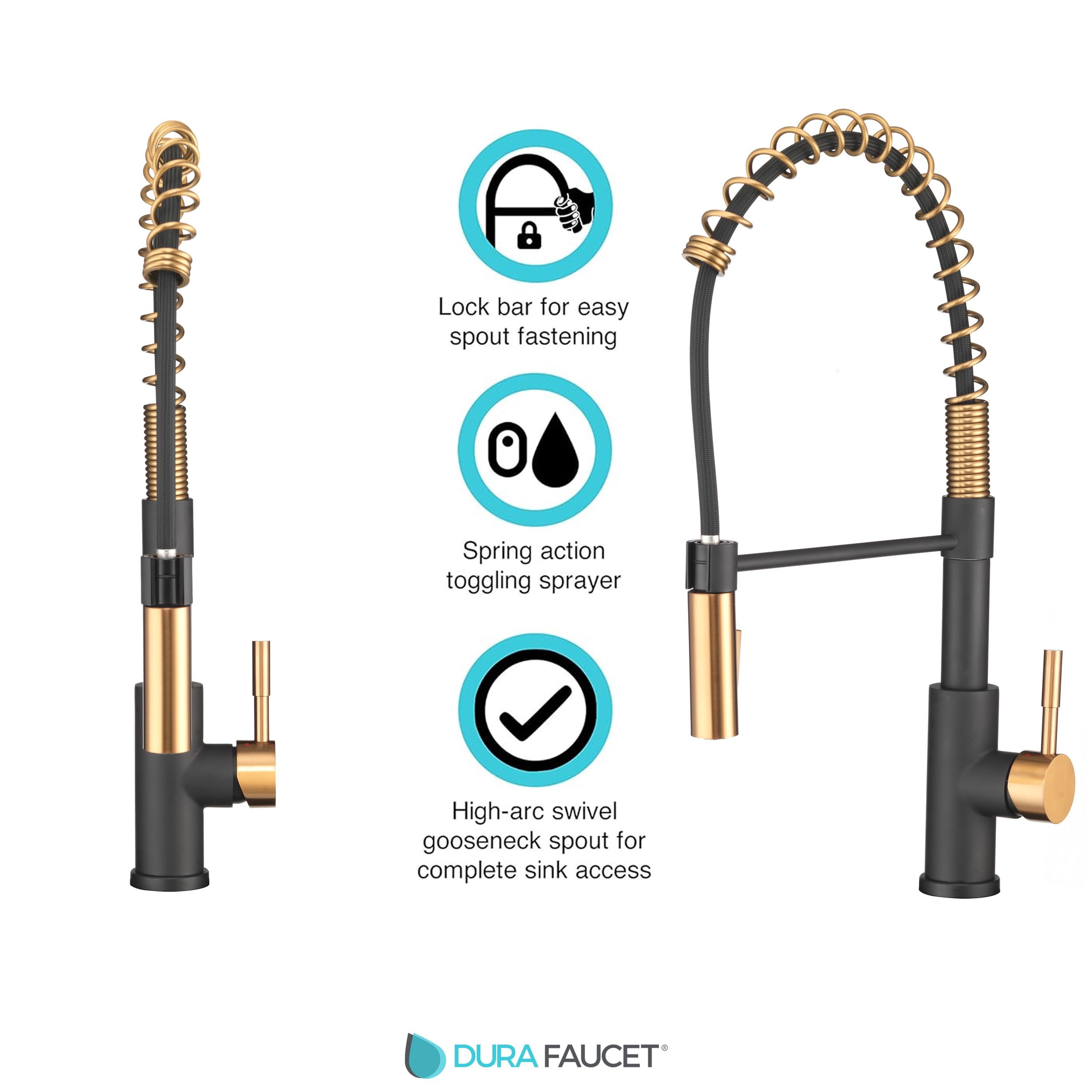 Dura Faucet RV DF-MK504SLK-MBRG High-Arc Spring Kitchen Sink Faucet - Single Handle - Kitchen Faucet with Pull-Down Sprayer - Optional Deck Plate (Matte Black/Rose Gold)