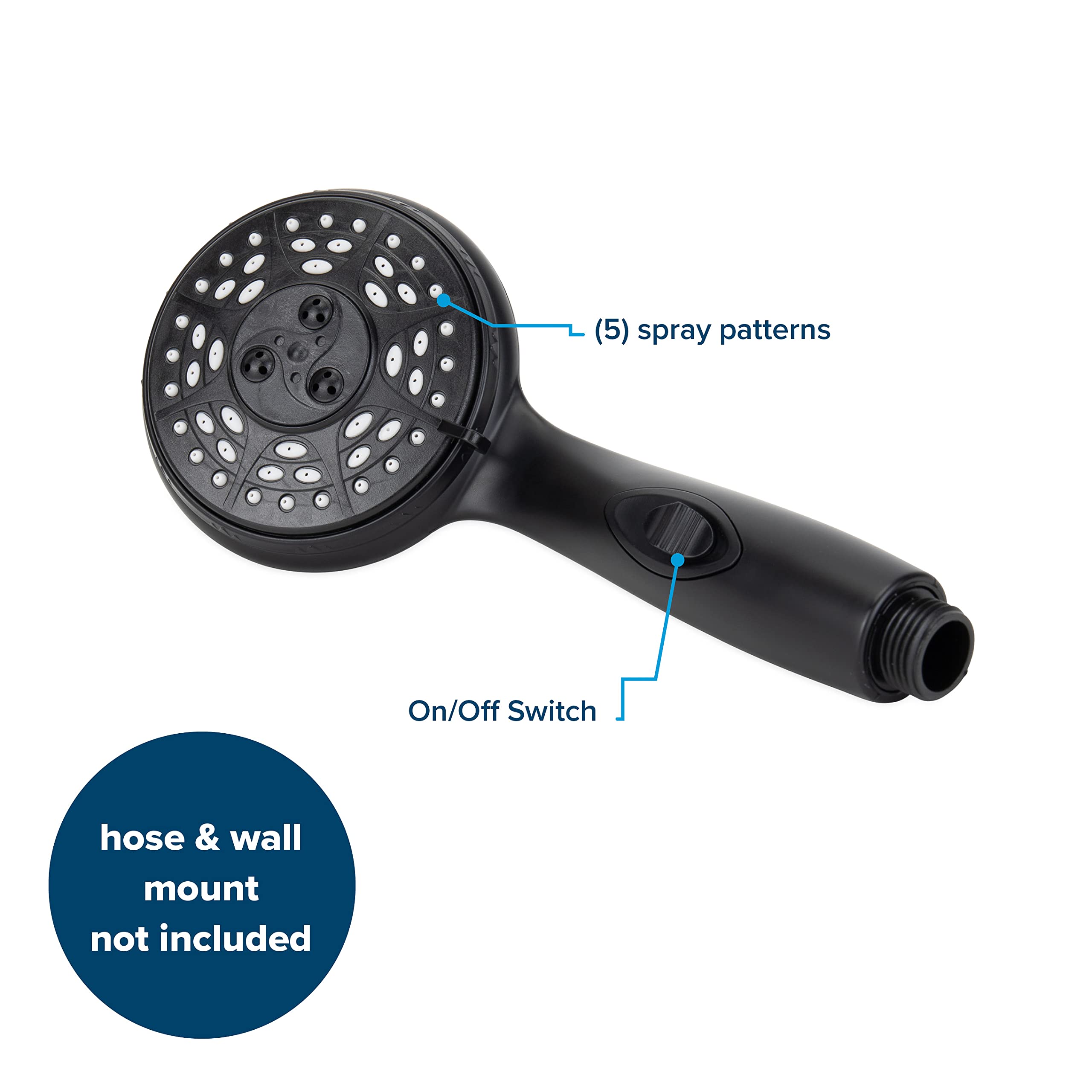 Shower Head Camco RV/Marine | Features Convenient On/Off Switch for Water Efficient Showers | 5 Spray Patterns | Black (43743)