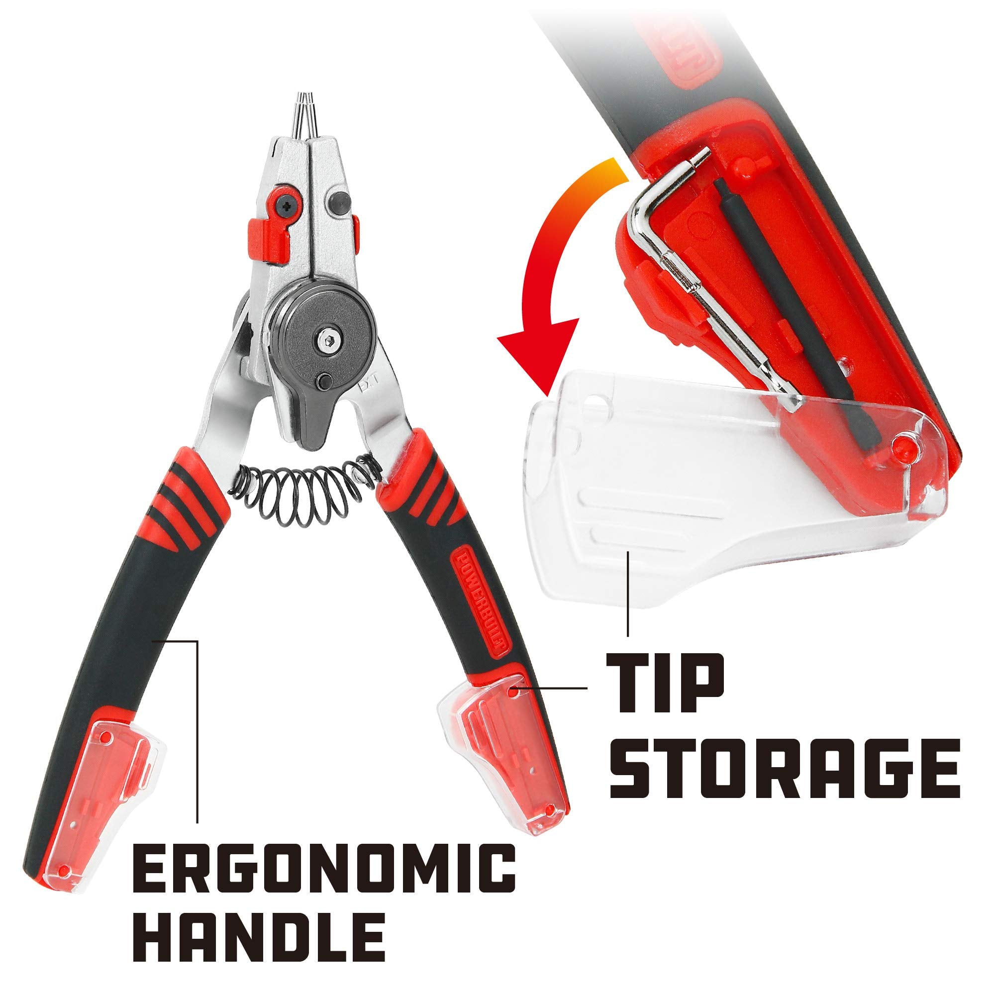 Powerbuilt Snap Ring Pliers with Internal External Combination Switch, Reversible, Remove and Install, Spring Loaded, Tips Included - Red 941336
