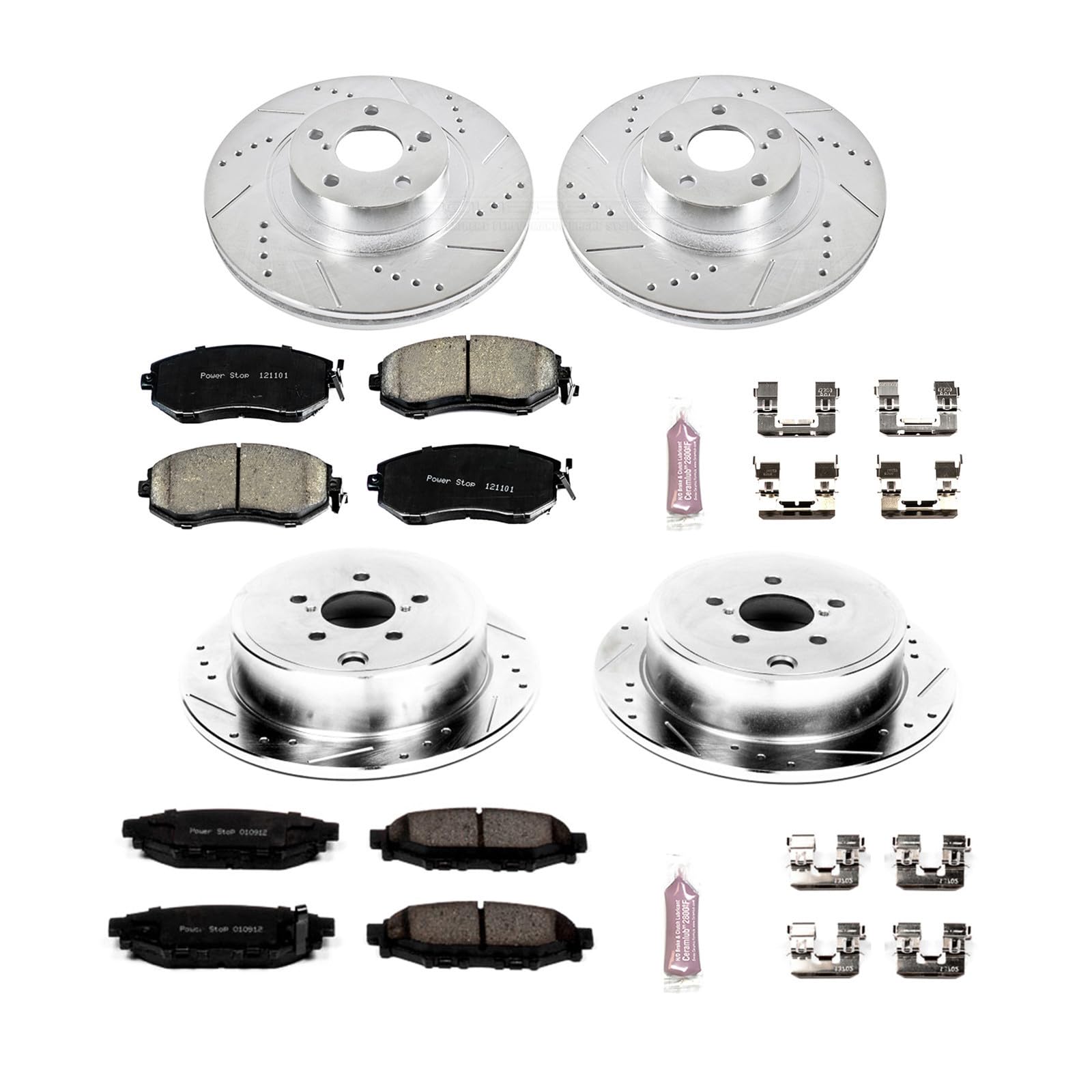 Power Stop K6083 Z23 Carbon Fiber Brake Pads Front and Rear with Drilled and Slotted Brake Rotors Kit For Subaru Forester Impreza Legacy Outback WRX
