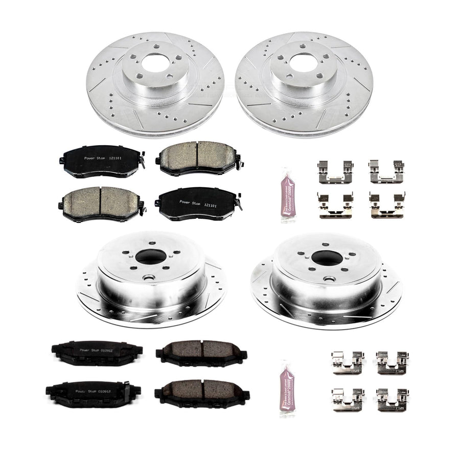 Power Stop K6083 Z23 Carbon Fiber Brake Pads Front and Rear with Drilled and Slotted Brake Rotors Kit For Subaru Forester Impreza Legacy Outback WRX