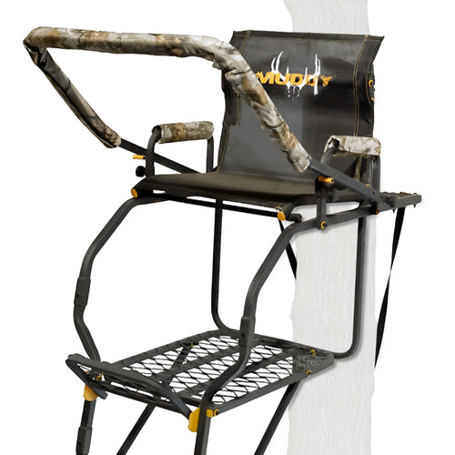1-Person MUDDY Huntsman Deluxe Steel Ladder Tree Stand, 17 ft Tall, 300 lb Capacity - Heavy-Duty Hunting Treestand with Lumbar Support Seat, Flip-Back Adjustable Shooting Rail & Silencer Technology