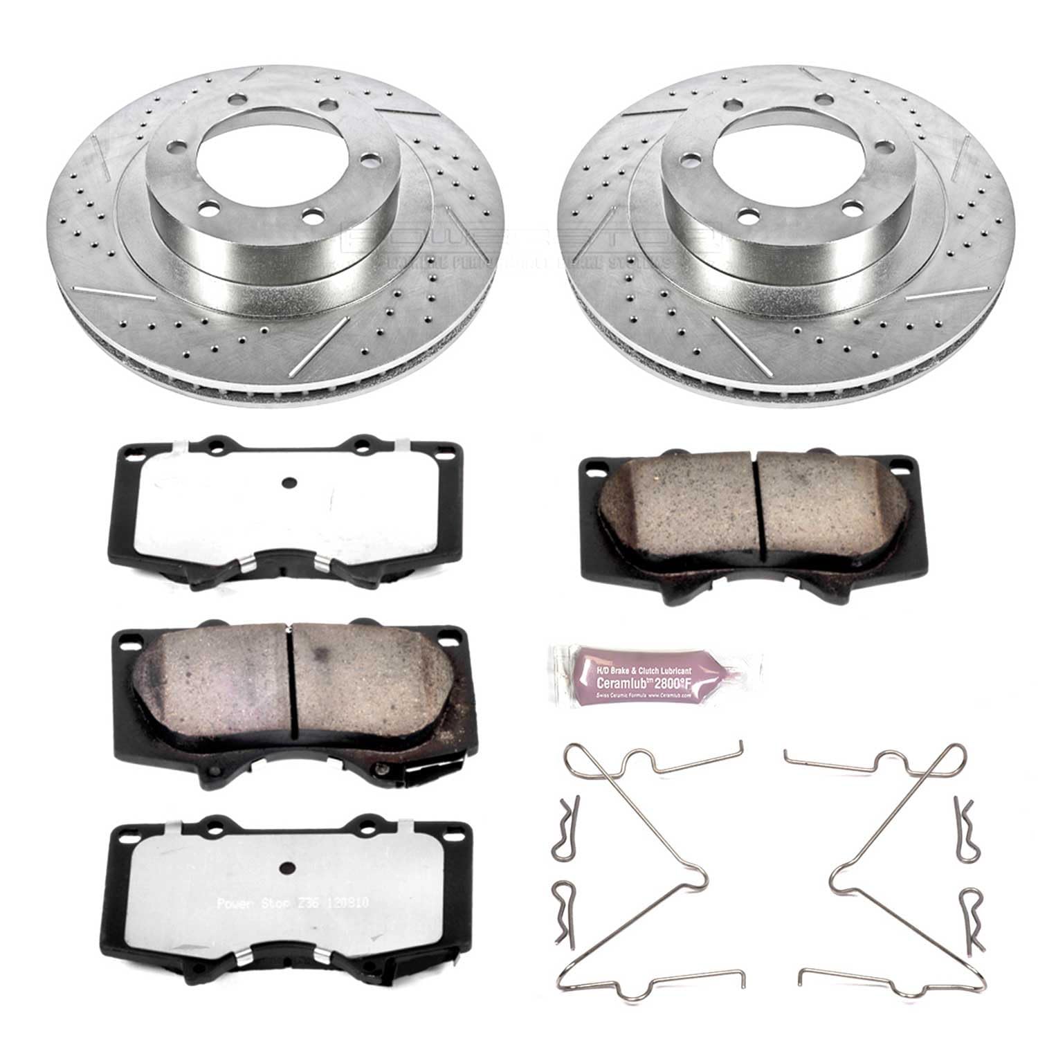 Power Stop Front Brake Kit For 2003 2004 2005 2006 2007 2008 2009 Lexus GX470 - Carbon Fiber Ceramic Brake Pads & Truck & Tow Drilled and Slotted Rotors Replacement, K2421-36