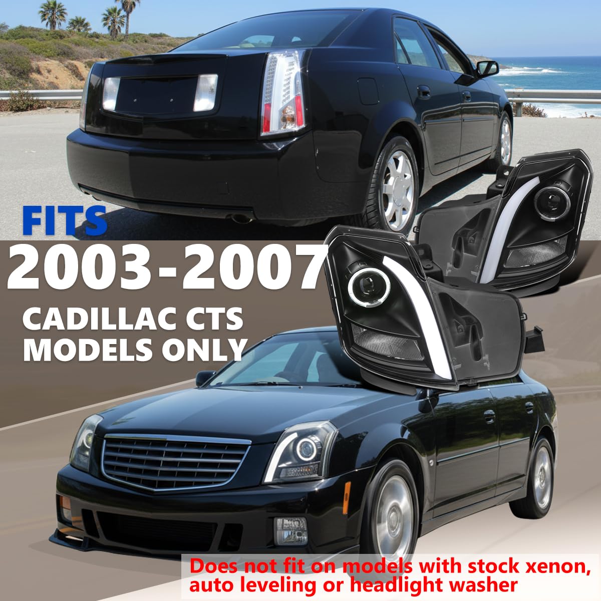 Halo Projector Headlights SPEC-D TUNING Black w/Switchback LED Signal Tube Compatible with 2003-2007 Cadillac CTS, Left + Right Pair Headlamps Assembly
