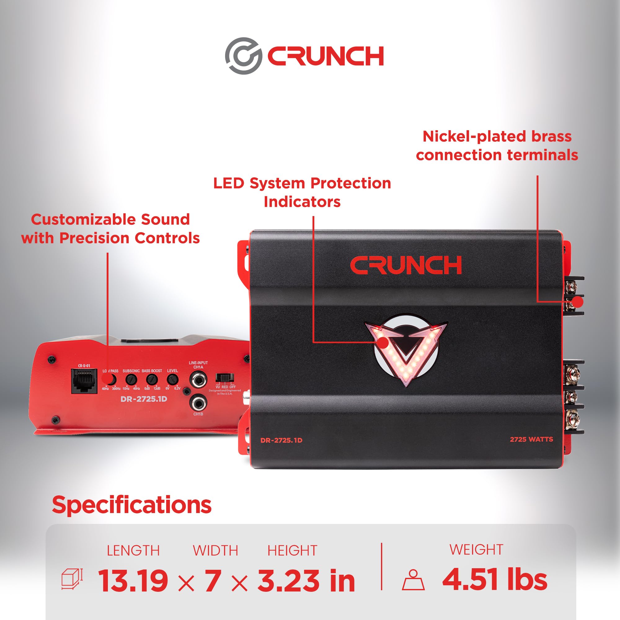 2725W Crunch Mono block Car Audio Amplifier with Adjustable Crossovers, Bass Knob & Remote, LED VU-Meter, QTD Cooling and PWM Power Supply