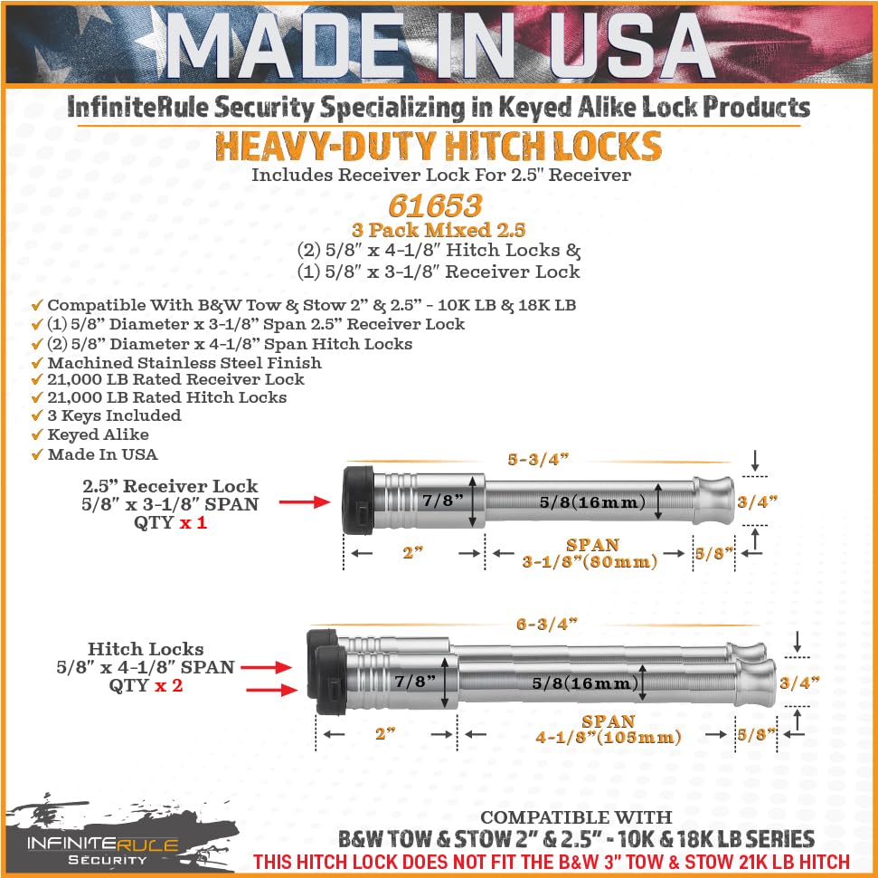 Security InfiniteRule 61653 | 3 Pack Mixed 2.5, Keyed Alike, Hitch Locks for B&W 2" & 2.5" Tow and Stow 10K LB & 18K LB - Includes Lock for 2.5" Receiver