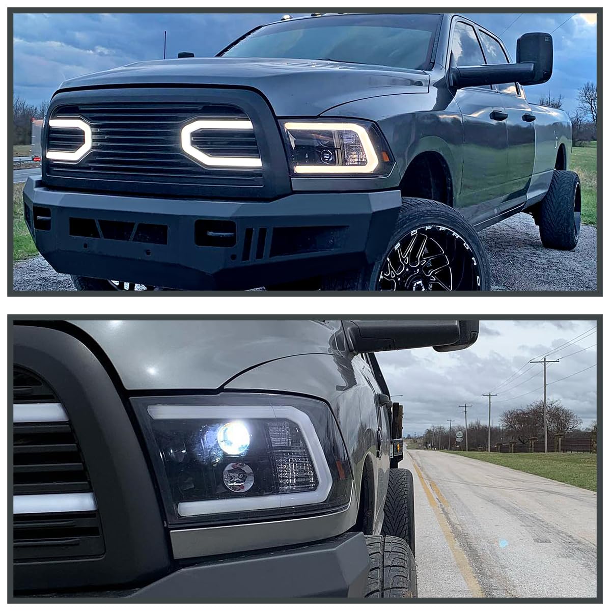 Glossy Black Smoke SPEC-D TUNING LED Light Bar Projector Headlights Compatible with 2009-2018 Dodge Ram 1500 2500 3500, Left + Right Pair Headlamps Assembly