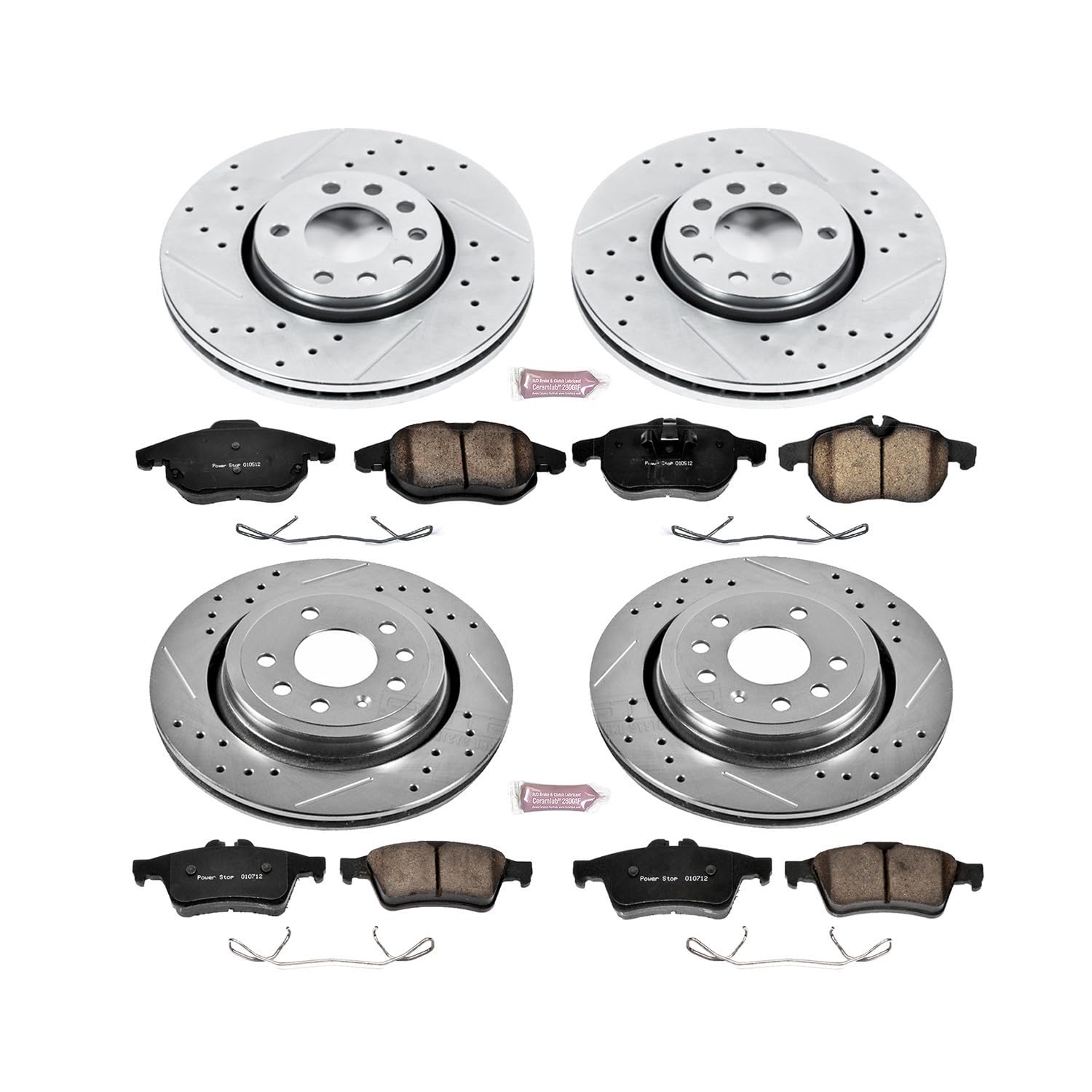 Power Stop K986 Z23 Carbon Fiber Brake Pads Front and Rear with Drilled & Slotted Brake Rotors Kit For Saab 9-3 2003-2011 [Model Specific]