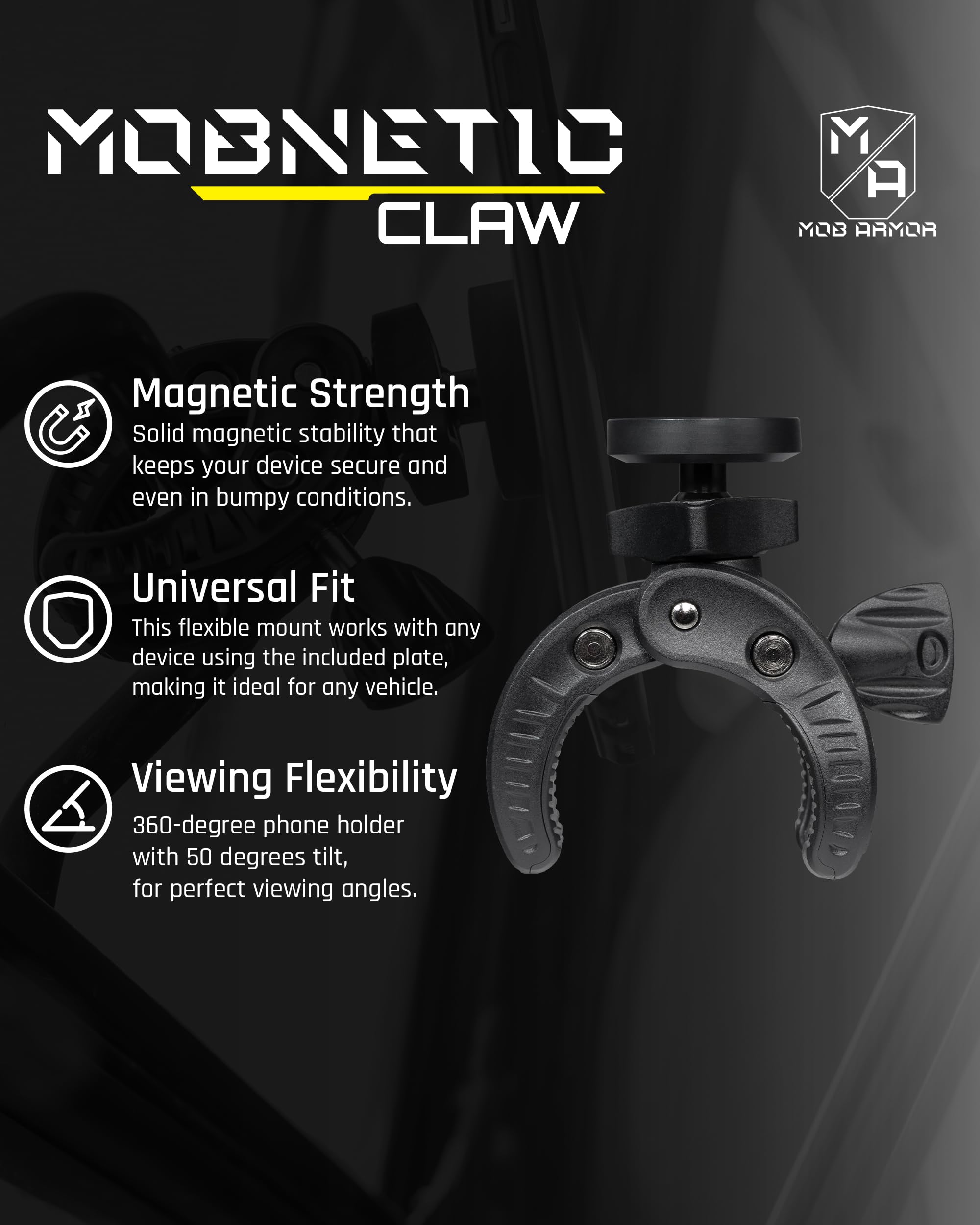 Mob Armor Claw MobNetic with 360° Rotation - Bar Mount for Golf Carts, Strollers, or Any enclosed cab Vehicle with Round or Square Tubes- Universal Car Magnetic Phone Mount, Assembled in USA - Black