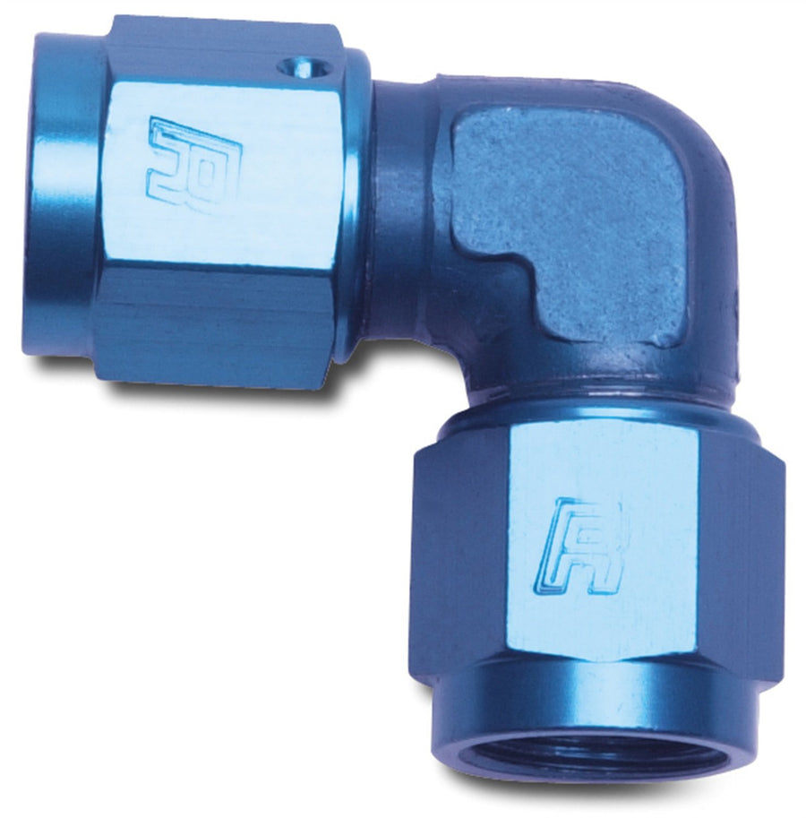 Edelbrock/Russell Blue Anodized Aluminum 90-Degree Female -8AN to Female -8AN Low Profile Adapter Fitting