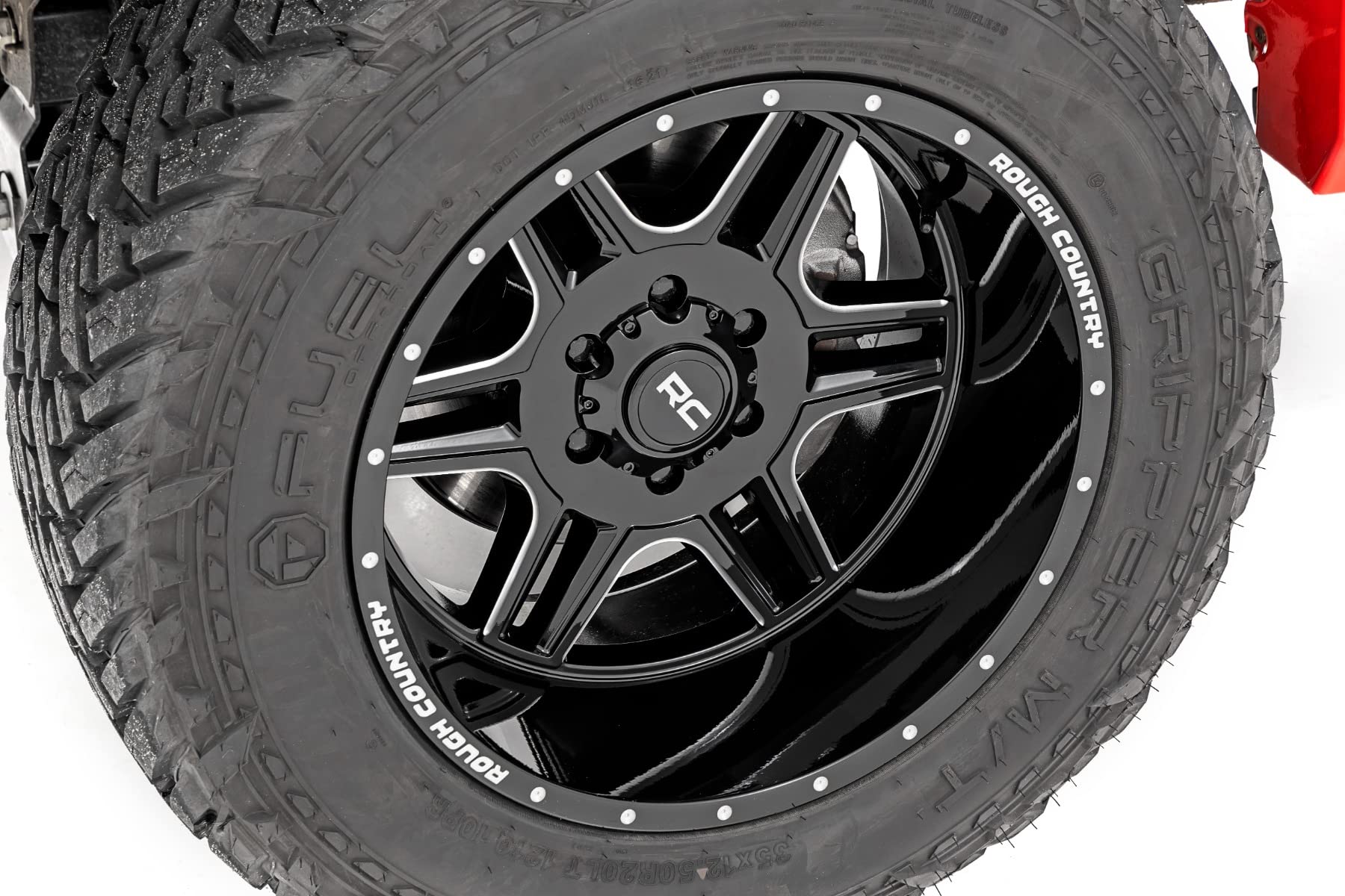 22x12 Rough Country 92 Series Wheel - 6x5.5 Bolt Pattern, 44mm Offset, Single-Piece Aluminum, Gloss Black with Milled Accents