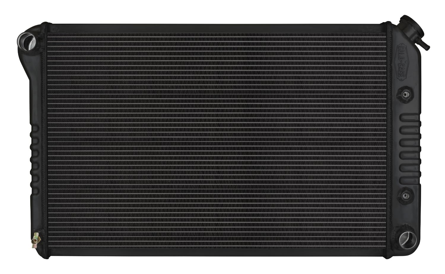 Cold Case Radiator, Black Night Rider Series Radiator, 31.5 in W x 19 in H x 3 in D, Driver Side Inlet, Passenger Side Outlet, Aluminum, Black Paint, Automatic, GM F-Body 1970-81, Each
