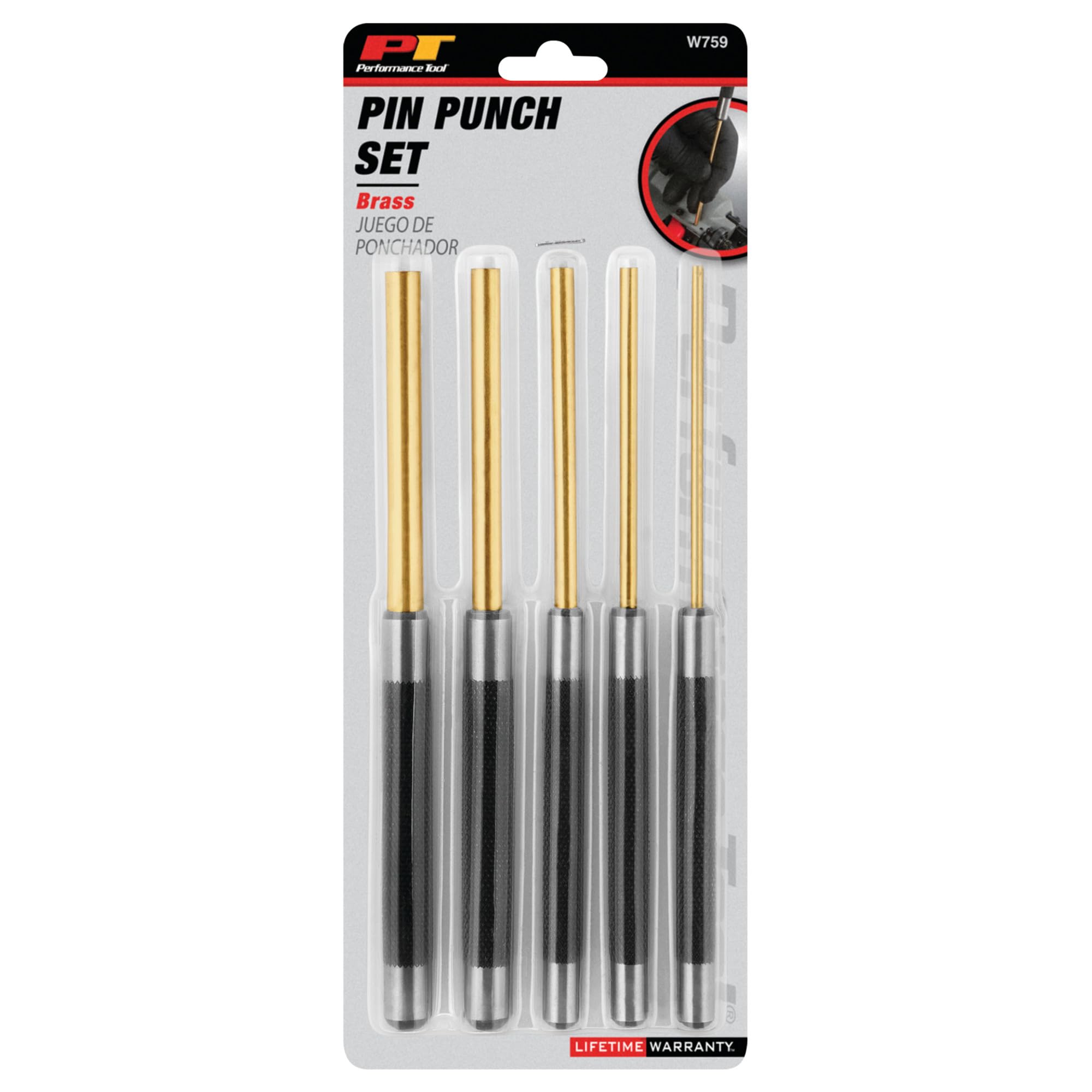 W759 Performance Tool Brass Roll Pin Punch Set to Remove Pins with Knurled Steel Handles for Good Grip, 8-Inches, 5-pc