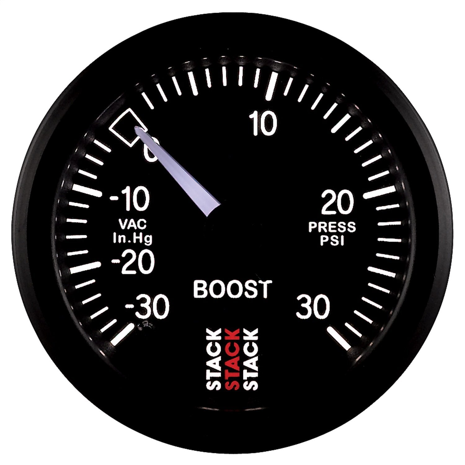 Stack ST3112 52mm Black -30 inHg to +30 PSI Universal T-Fitting Mechanical Boost Pressure Gauge