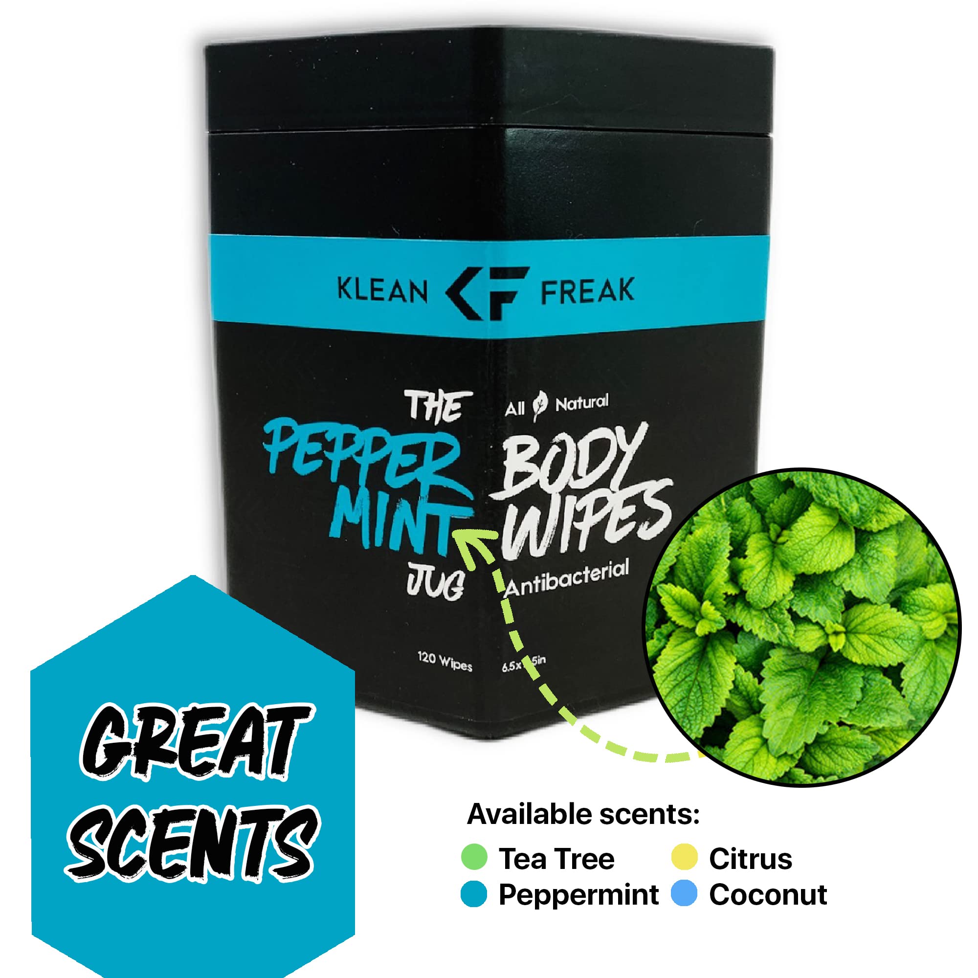 Klean Freak Body Wipes - Wipe Away Sweat and Odor for Face and Body, No Water, Large Textured, Travel, Gym, Camping and More, 120 Cnt Jug (Peppermint)