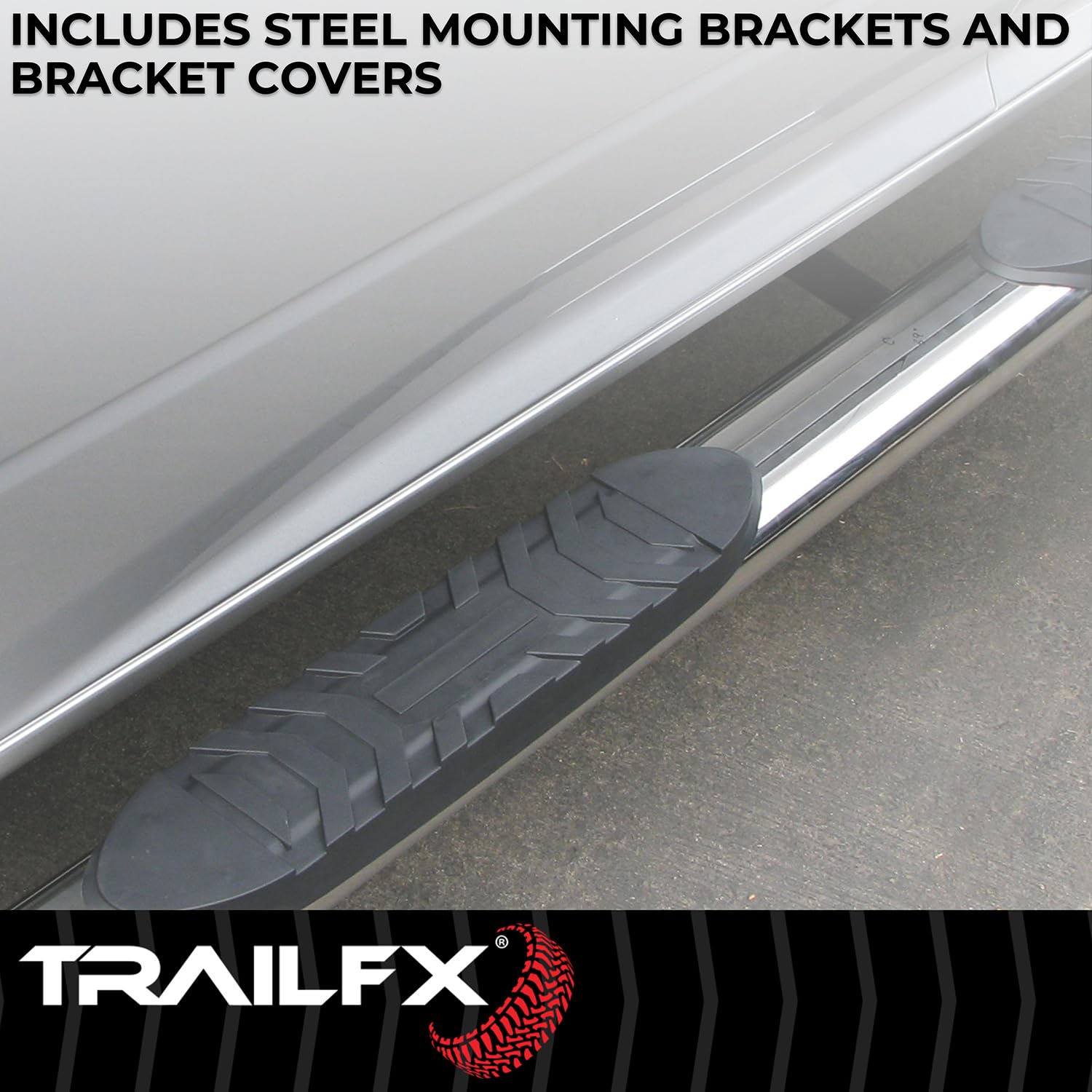 4 Inch Oval Bent Nerf Bars TrailFX A1019S Fits 2024–2025 Toyota Tacoma with Step Pads Polished T304 Stainless Steel, Welded End Caps, Rocker Panel Mount, Bolt On Installation