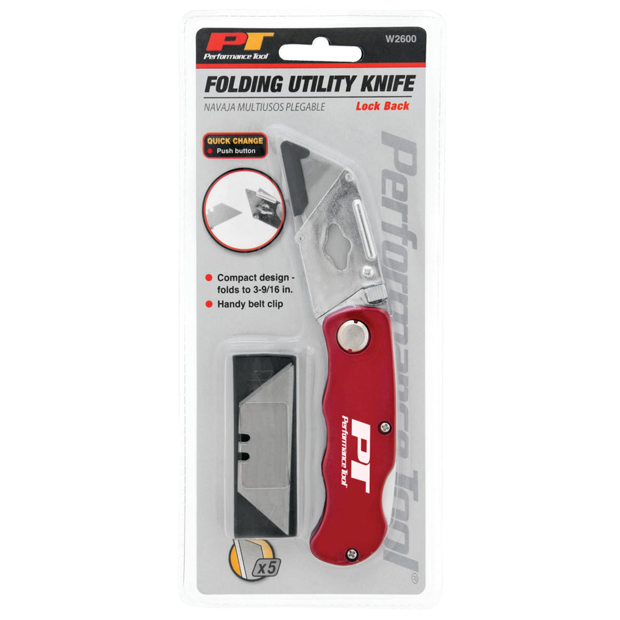 Pocket Knife Performance Tool W2600 with Button Blade Change and Locking Mechanism, Compact and Portable Design, Red Handle and Belt Clip Included