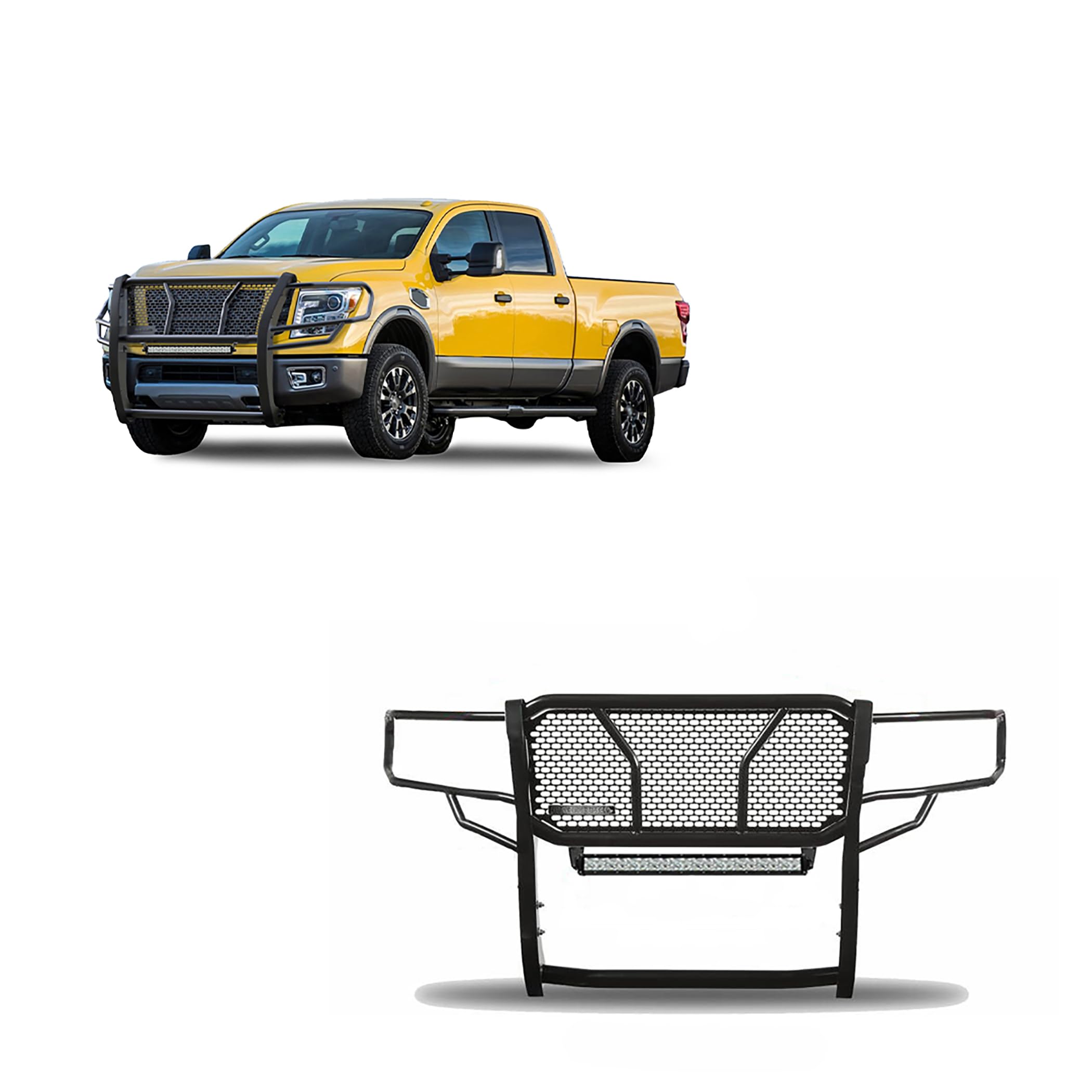 Heavy Duty Black Horse Rugged Grille Brush Bumper Guard Modular Come with 20" Double Row LED Light Compatible with 2017-2024 Nissan Titan XD-RU-NIXD16-B-KIT