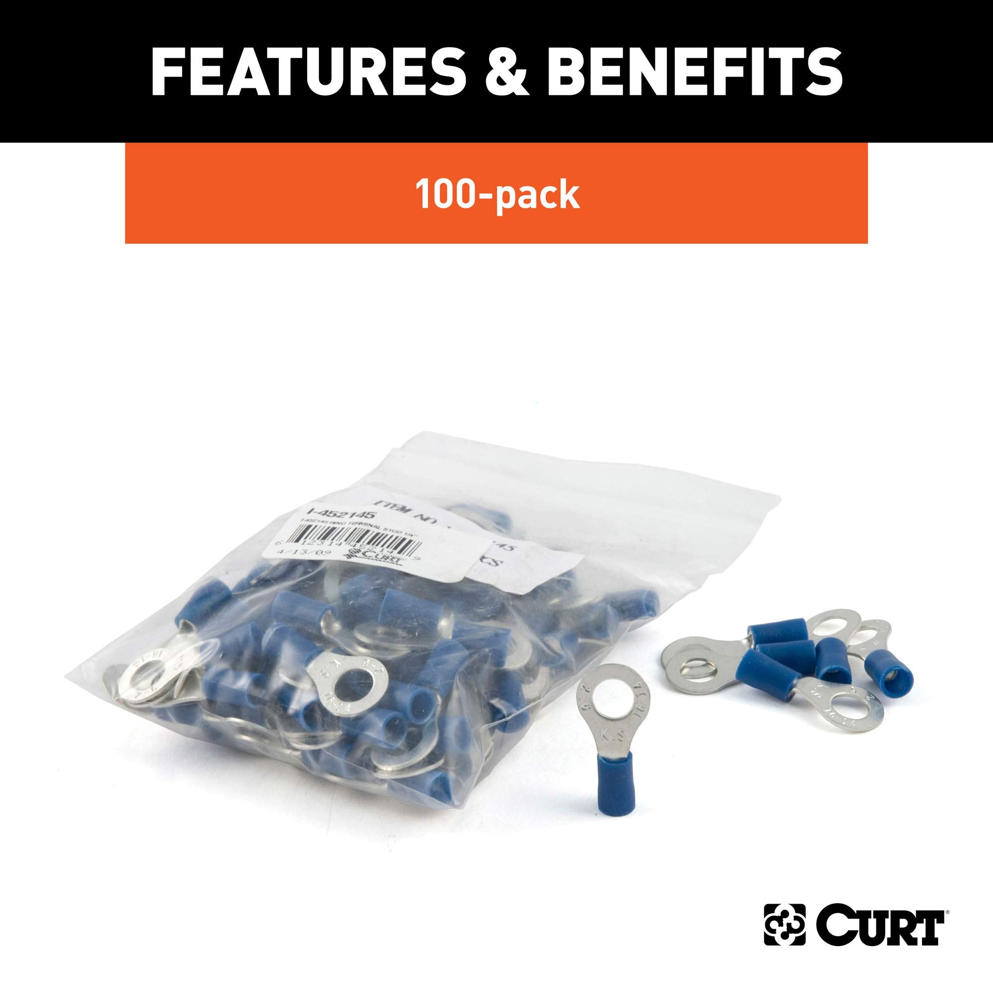 CURT 59522 Blue Vinyl-Insulated 16-14 Gauge Ring Terminal Wire Connectors, 1/4-Inch Stud, 100-Pack