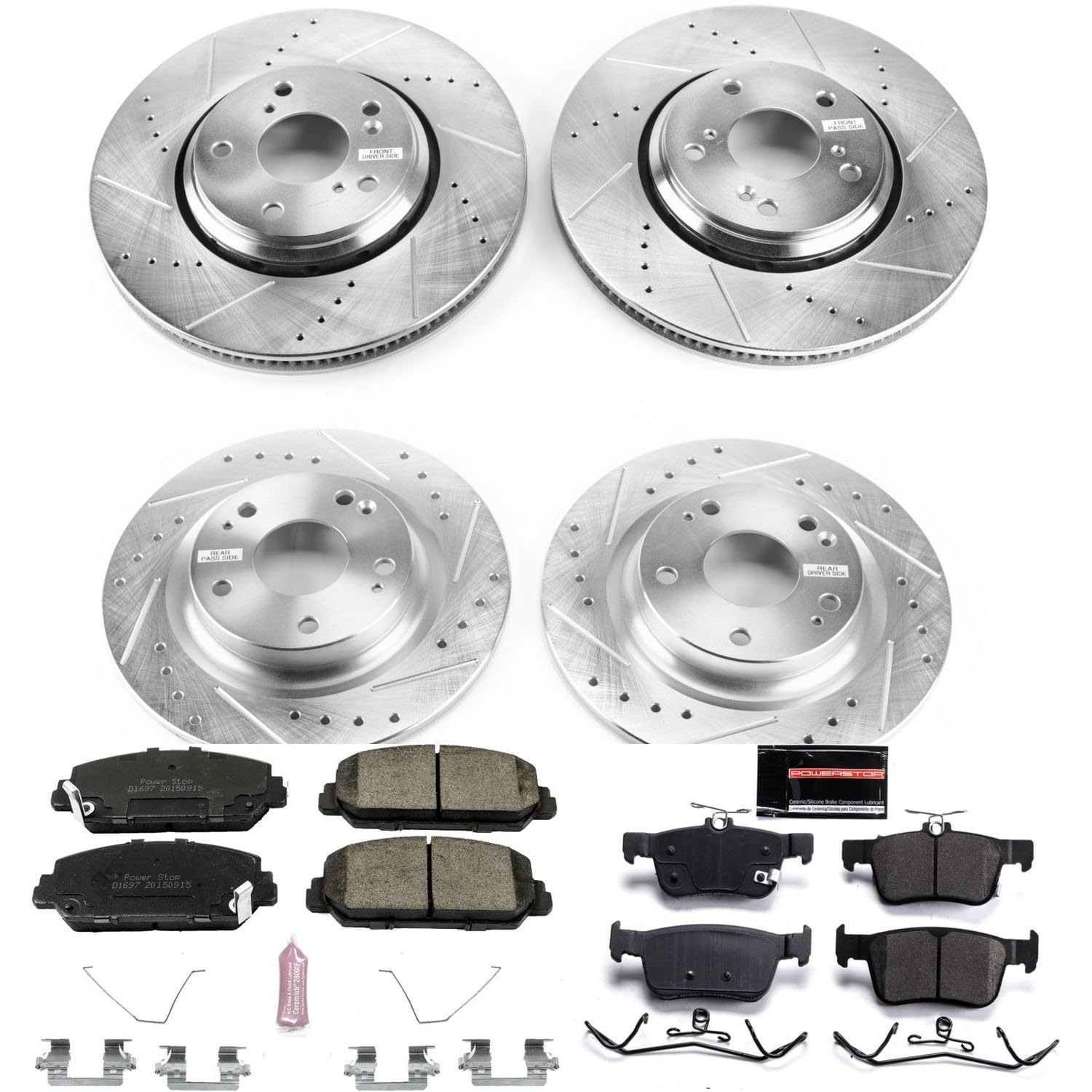 Power Stop K7935 Z23 Carbon-Fiber Brake Pads Front and Rear with Drilled and Slotted Brake Rotors Kit For 2017 2018 2019 2020 Honda Civic Si