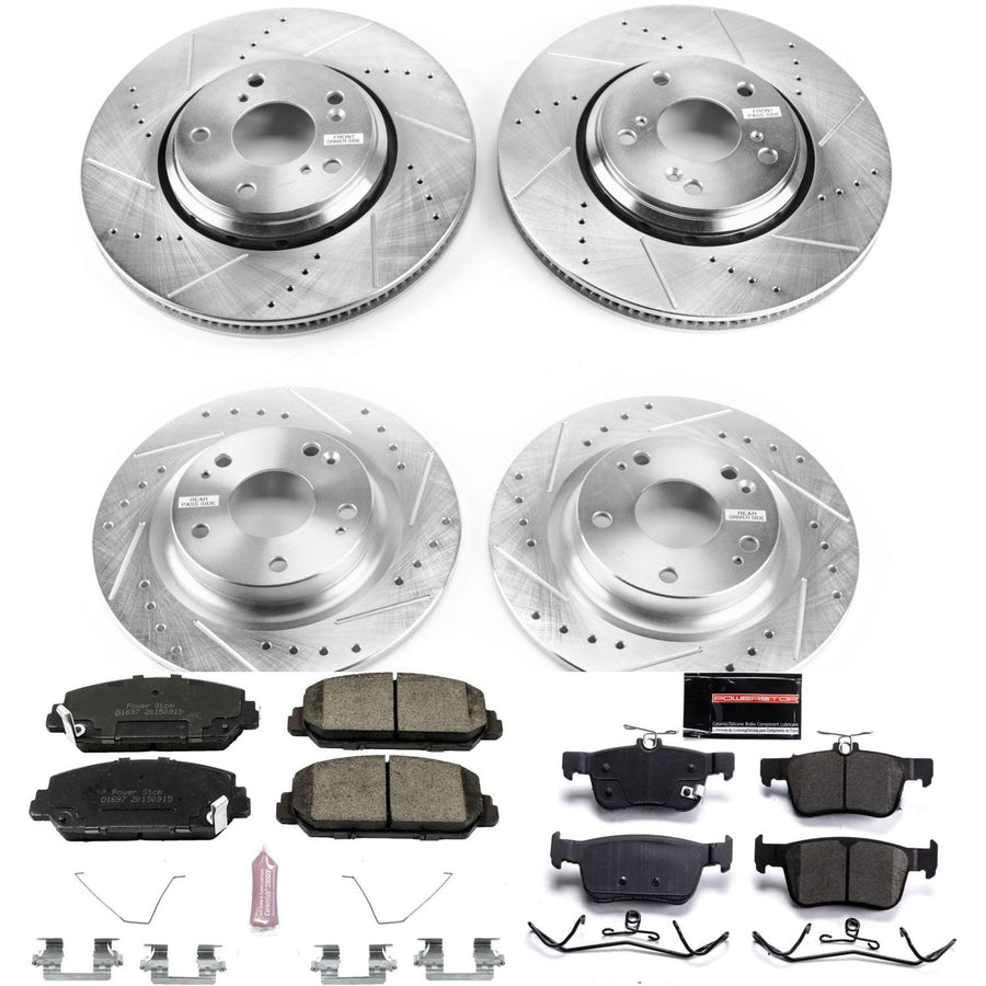 Power Stop K7935 Z23 Carbon-Fiber Brake Pads Front and Rear with Drilled and Slotted Brake Rotors Kit For 2017 2018 2019 2020 Honda Civic Si