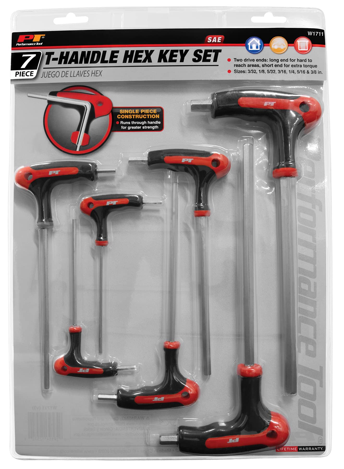W1711 Performance Tool SAE T-Handle Hex Key Set, 7-Piece