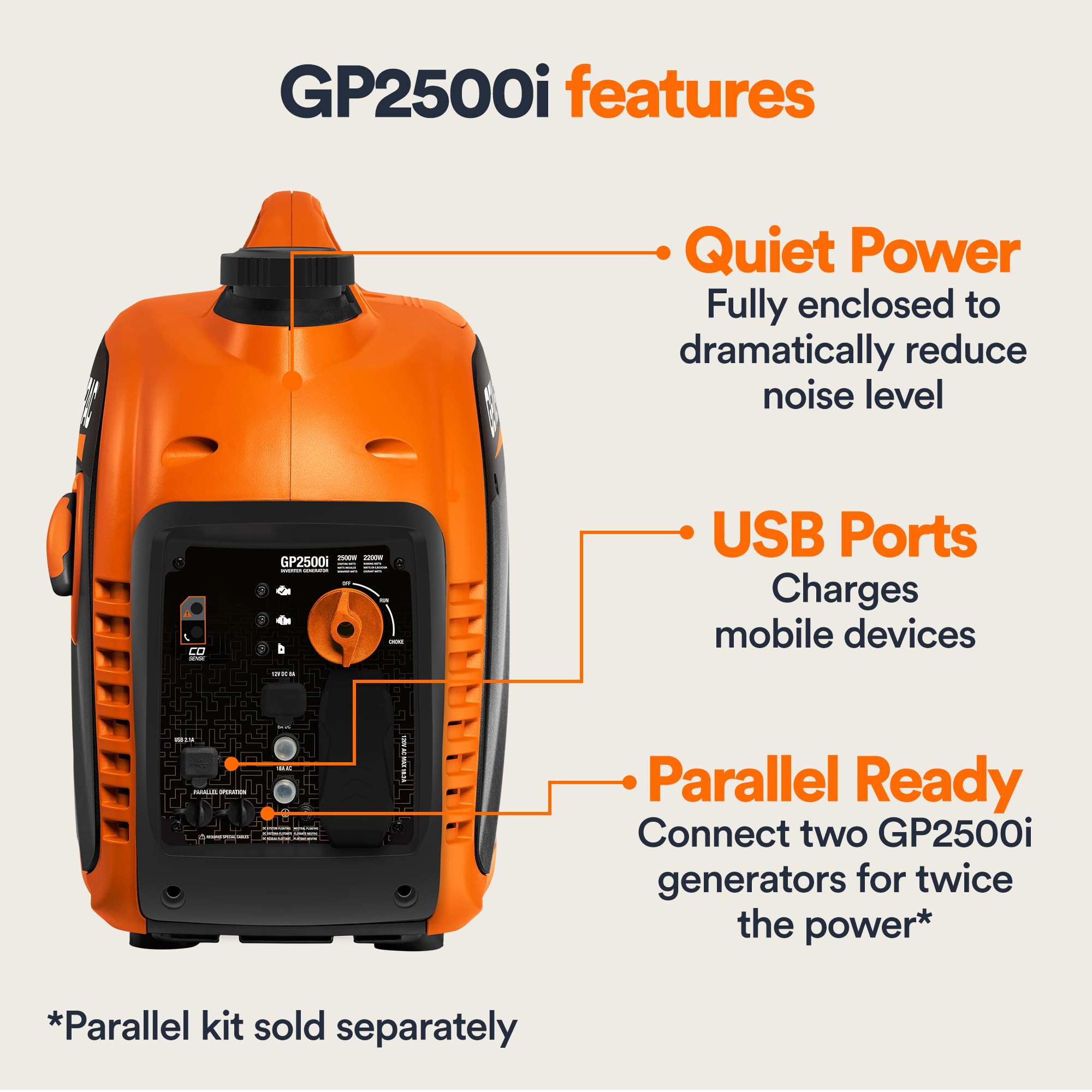 Generac Portable 2,500-Watt Gas Powered Inverter Generator - Lightweight and Compact Design - Produces Clean, Stable Power - Quiet Operation - Great for Home Backup, Camping, and RV Use