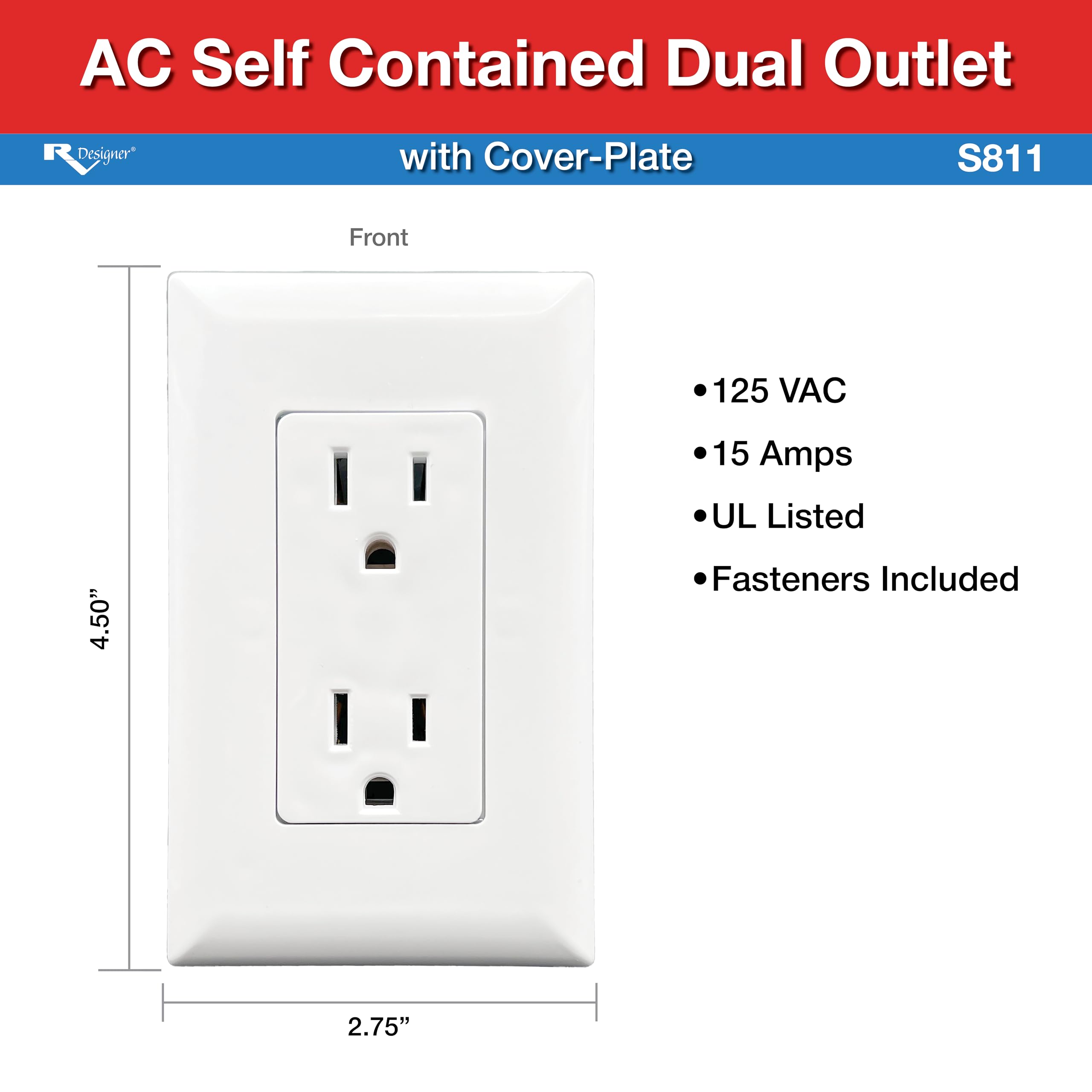 AC Self-Contained RV Designer Dual Outlet with Cover Plate S811 - 15 Amp 125 VAC Power Outlet Receptacle for RVs & Motorhomes - White - Safe & Simple Design - Dual Slots - OEM Use