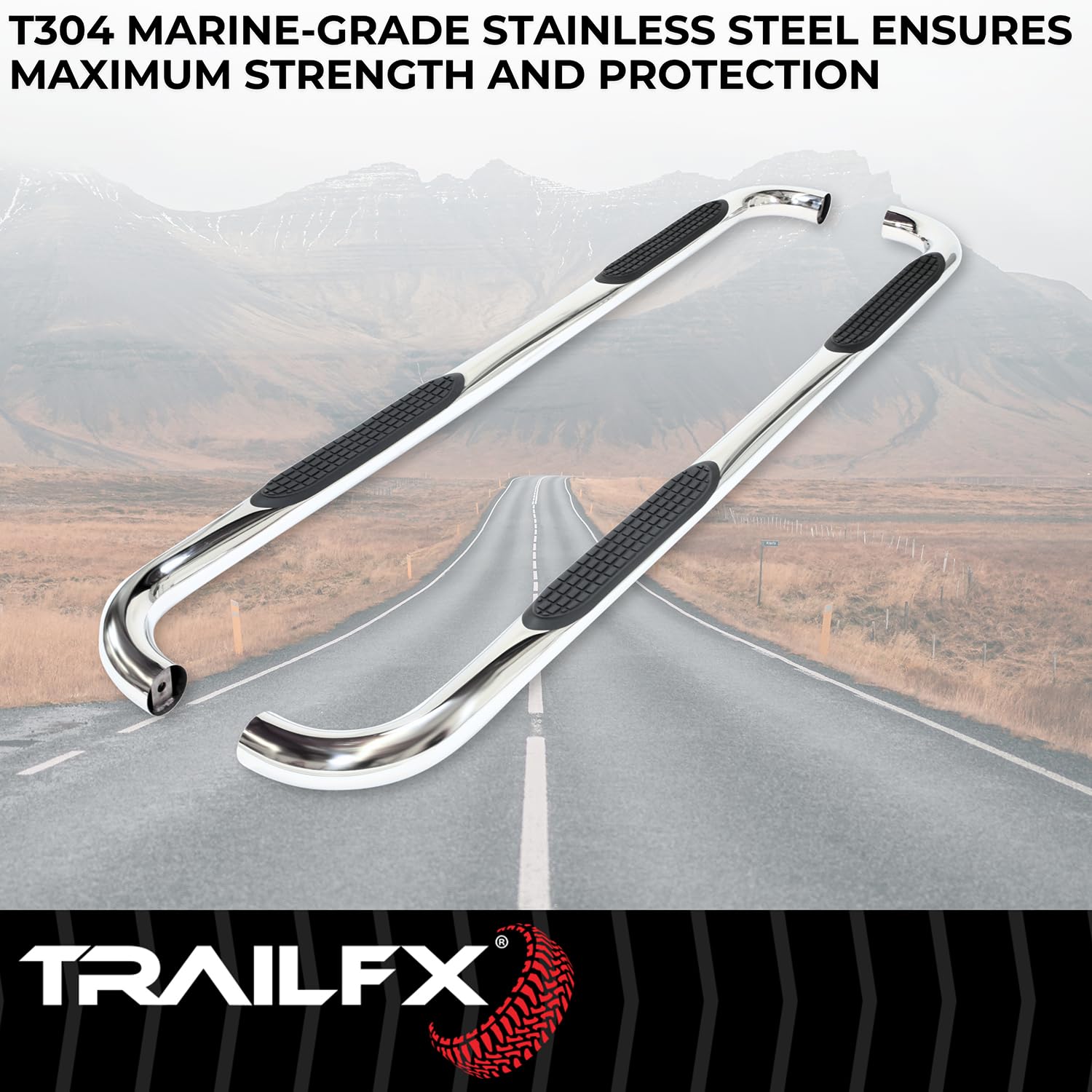 Nerf Bar TrailFX A0069S, 3 In Round Bent, Polished, Stainless Steel, With Step Pads, W/O End Caps, Rocker Panel Mount, Fits 2025 Toyota 4Runner (Will Not Fit Models With Lower Rocker Panel Extensions)