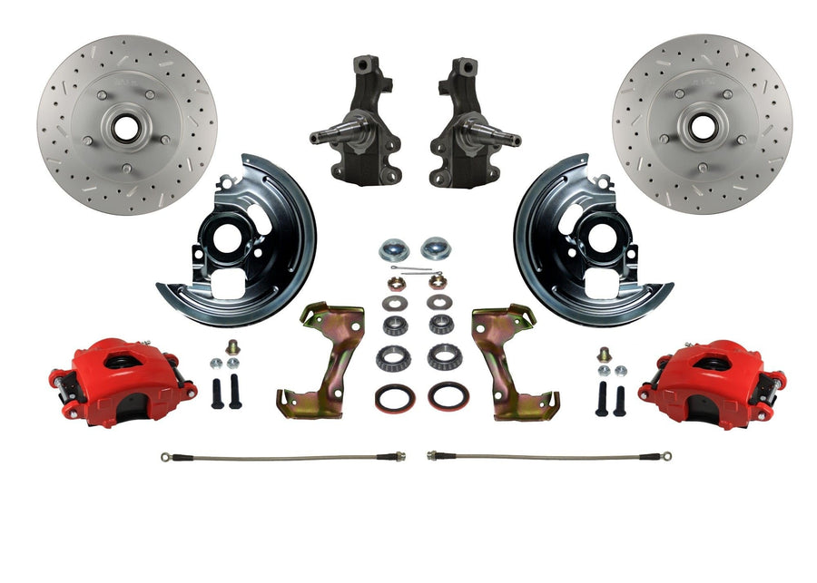 Spindle Mount Kit LEED BRAKES 2" Drop Spindle Drilled And Slotted Rotors Red Powder Coated Calipers