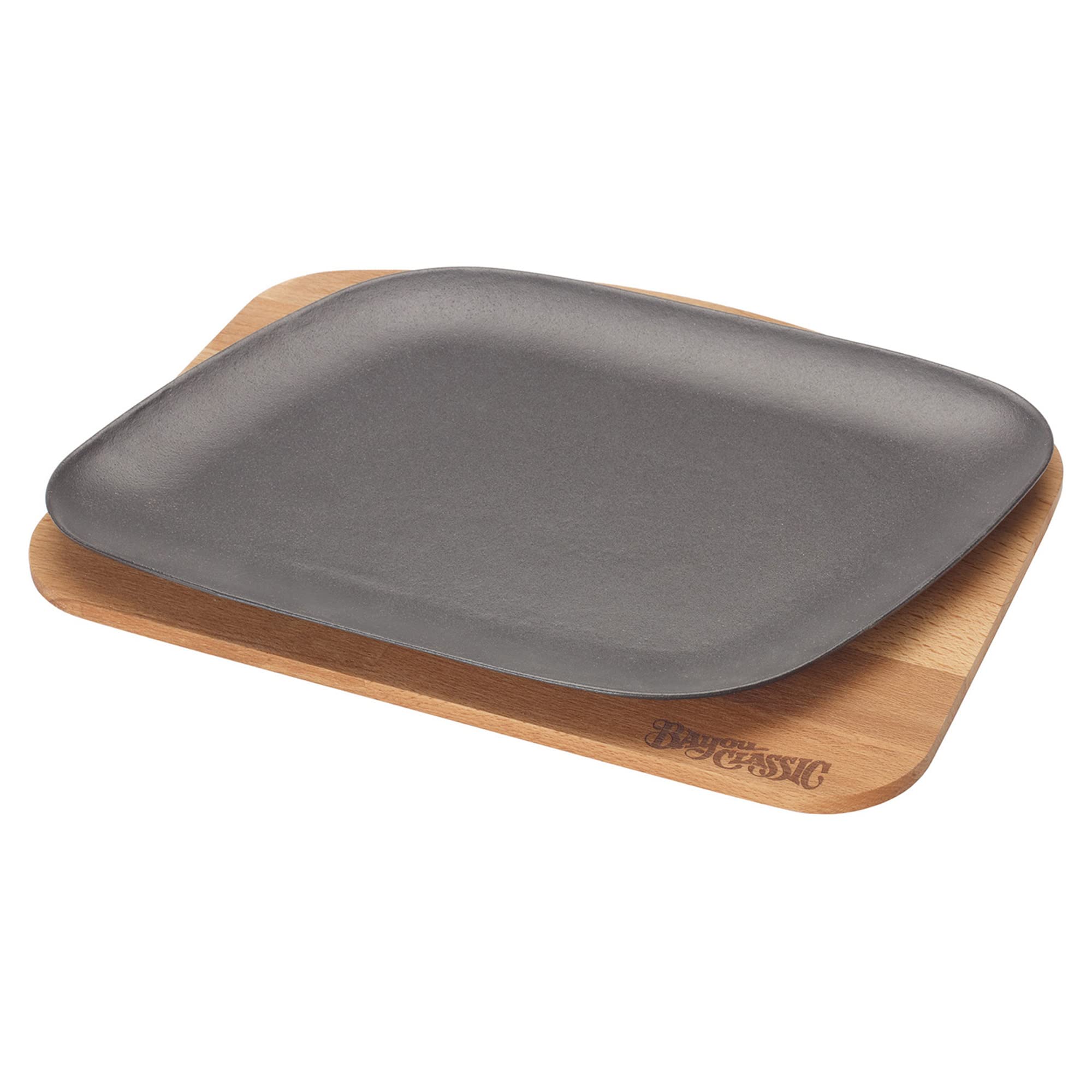 Bayou Classic Black Enameled Cast Iron 7780B Fajita Pan Features Wooden Trivet 12-in Length Perfect For Skirt Steak Chicken Veggie Fajitas and More