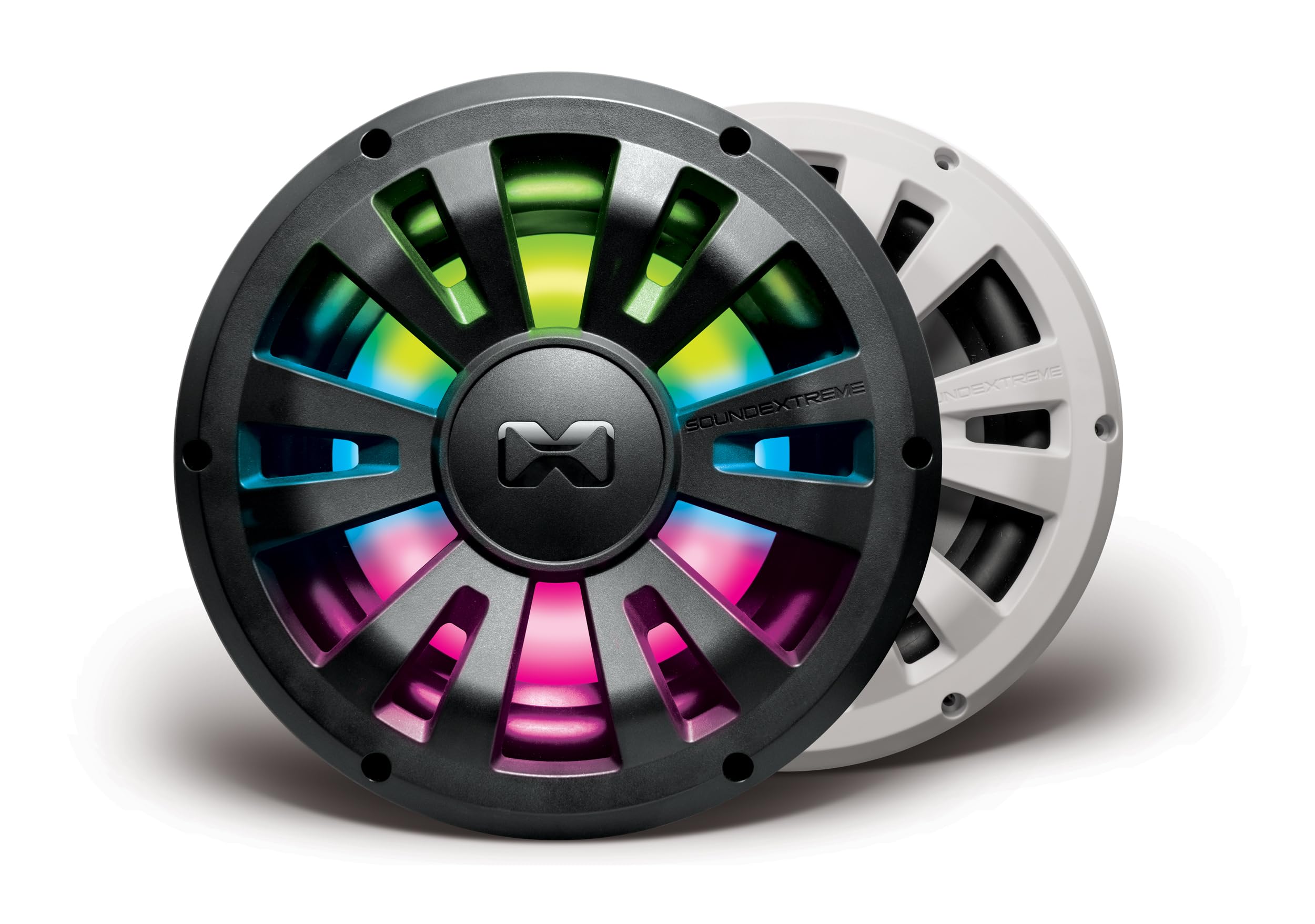 Single SoundExtreme by ECOXGEAR 10-inch Extreme Subwoofer Waterproof Wired Marine Speaker 600 Watts Peak with Dual 4-Ohms Voice Coils and LEDCast Multi-Color LED Lighting
