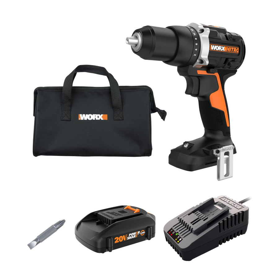 20V Worx Nitro 1/2" Cordless Brushless Drill Driver - 535 in-lbs. Torque, Heavy-Duty 1/2" Chuck, Drill Set with Storage Bag, Power Share Compatible - Battery & Charger Included