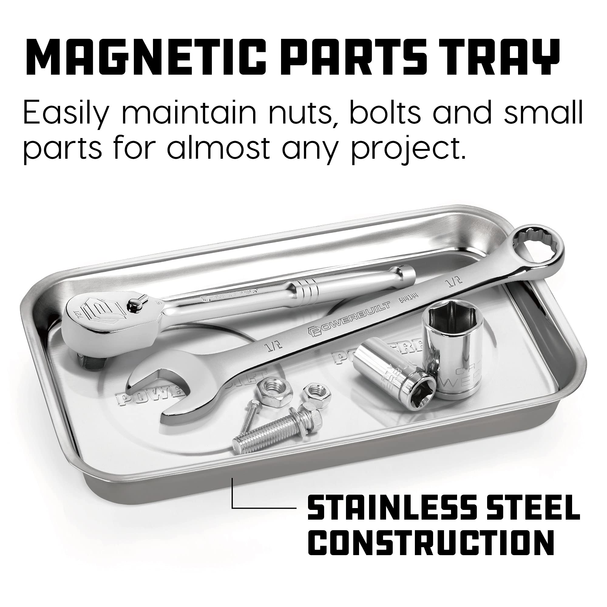 Powerbuilt Magnetic Tray Parts, 5-1/2 Inch x 9-1/2 Inch – Polished Stainless Steel Magnetic Tool Tray with Dual Rubber-Coated Heavy-Duty Magnets for Holding Small Parts – 648357
