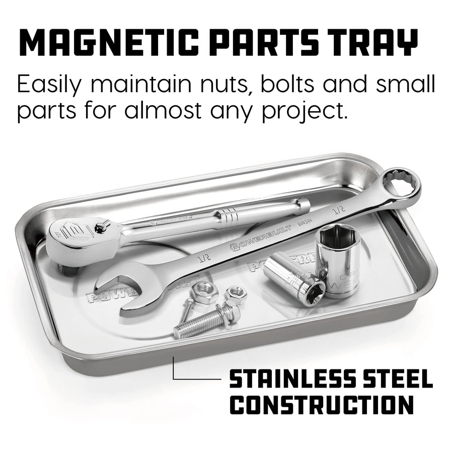 Powerbuilt Magnetic Tray Parts, 5-1/2 Inch x 9-1/2 Inch – Polished Stainless Steel Magnetic Tool Tray with Dual Rubber-Coated Heavy-Duty Magnets for Holding Small Parts – 648357