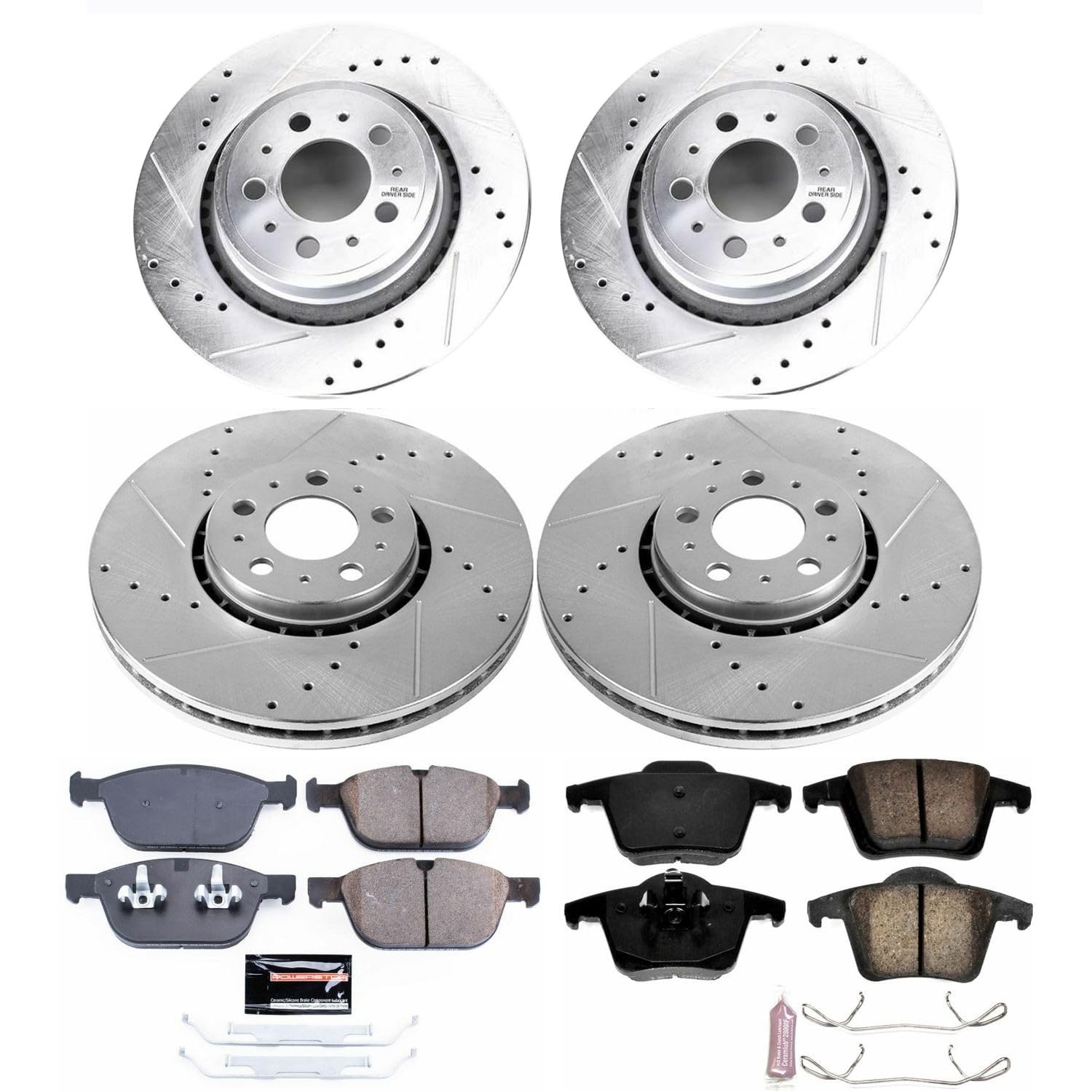 Power Stop K5708 Z23 Carbon Fiber Brake Pads Front and Rear with Drilled & Slotted Brake Rotors Kit For Volvo XC90 2003-2014 [Model Specific]