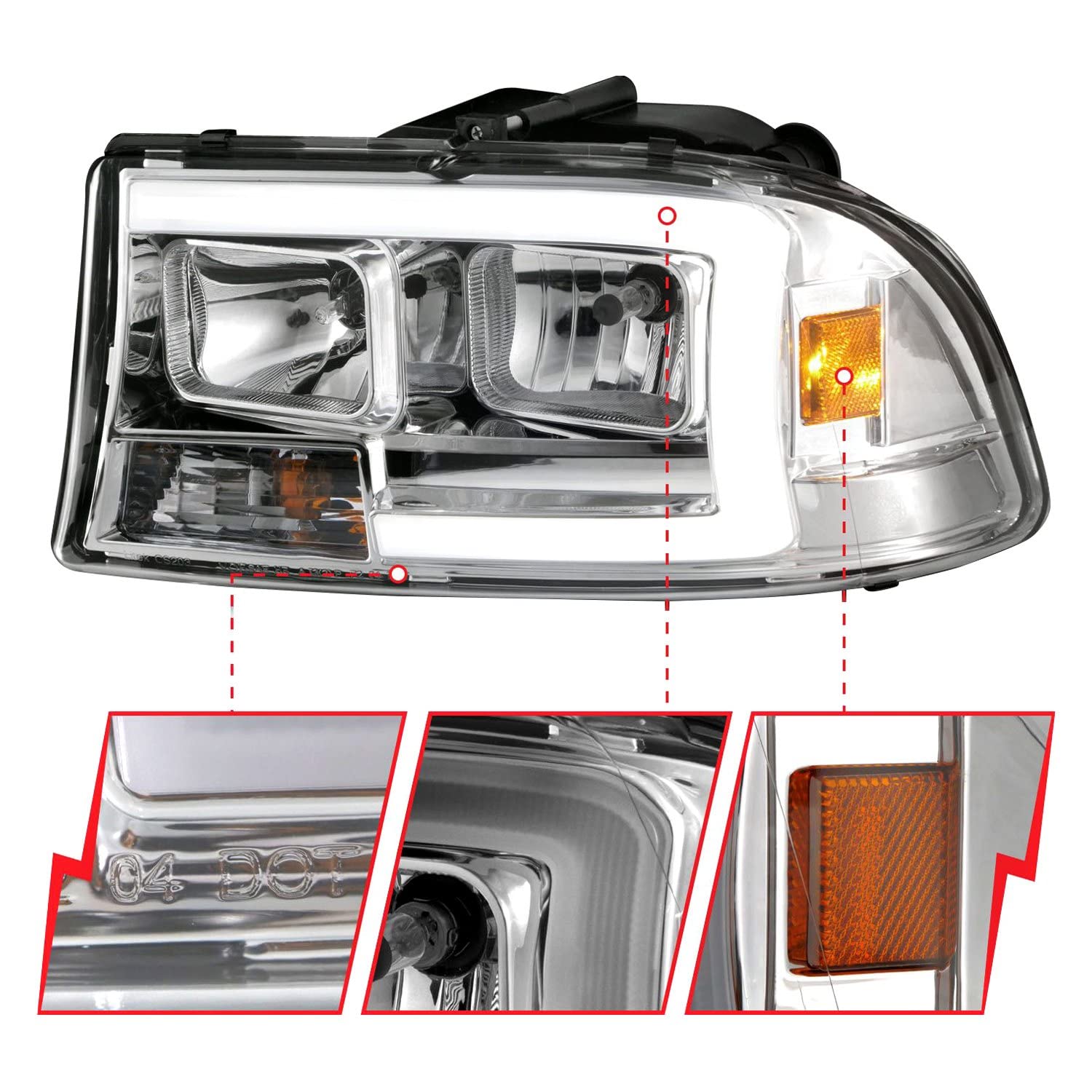 97-04 Dodge Dakota/Durango ANZO Crystal Headlight Set w/Light Bar Chrome Housing