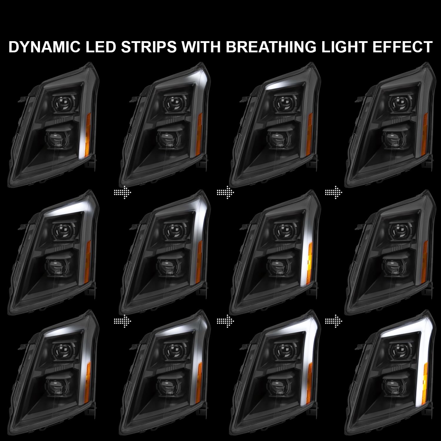 Full LED Projector Headlights SPEC-D TUNING w/LED DRL Light Bar, Sequential Signal, and Startup Animation Compatible with 2010-2016 Cadillac SRX, Left + Right Pair Headlamps Assembly