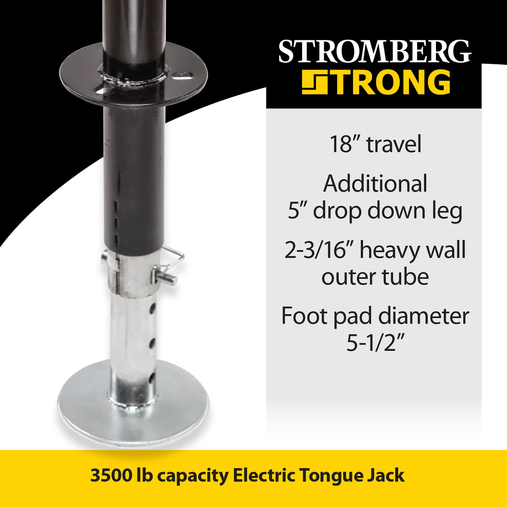 Stromberg Carlson Electric Tongue Jack JET-3755 - Heavy Duty Jack with Motor Protection, 18" Travel & 5" Drop Down Leg, Stabilizing, Leveling & Lifting RV, Camper, Utility Trailers, Black, 3500 lb