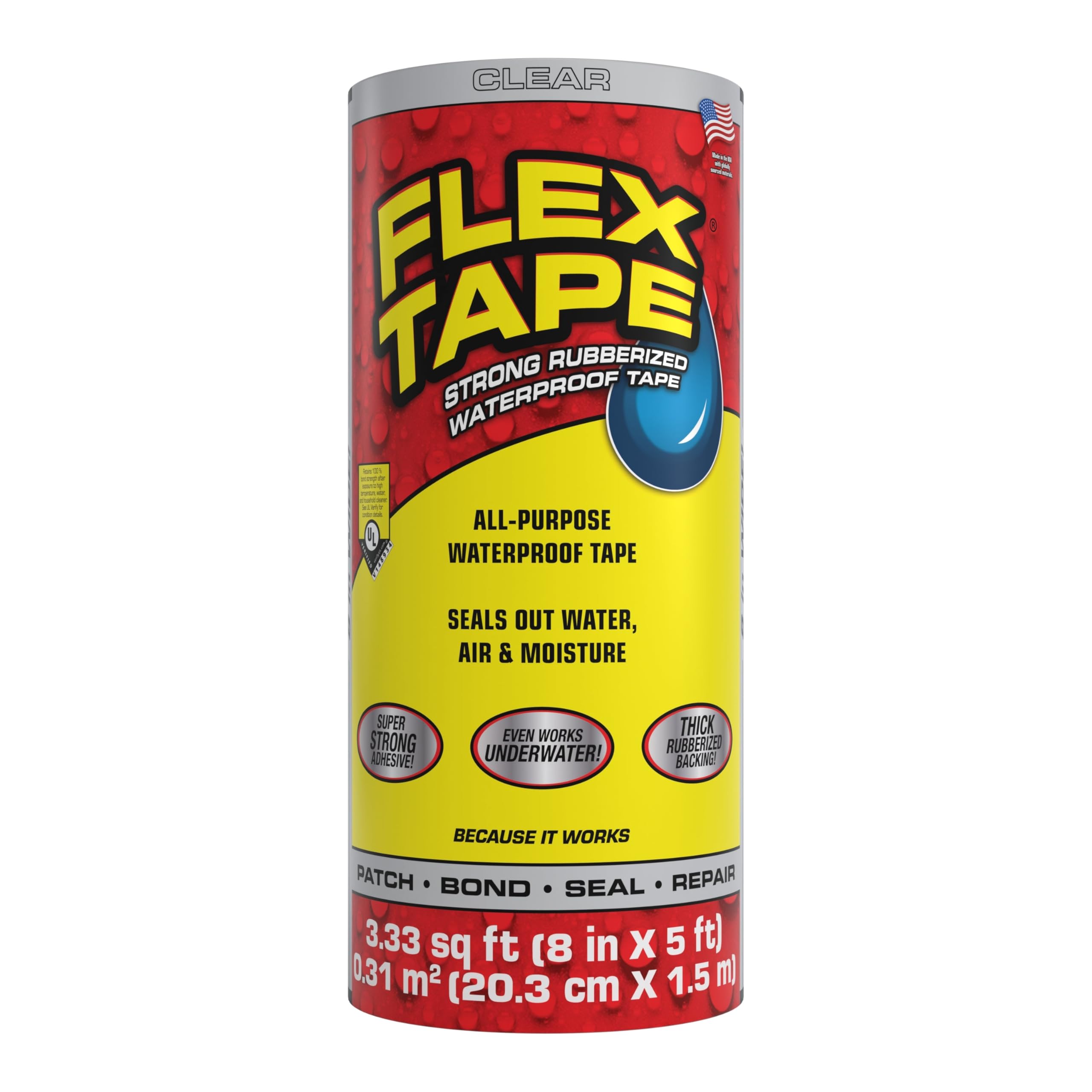 Original Flex Tape, Thick Flexible Rubberized Waterproof Tape - Seal and Patch Leaks, Works Underwater, Indoor Outdoor - Home RV Roof Plumbing and Pool Repairs, Clear, 8 in x 5 ft, Pack of 1