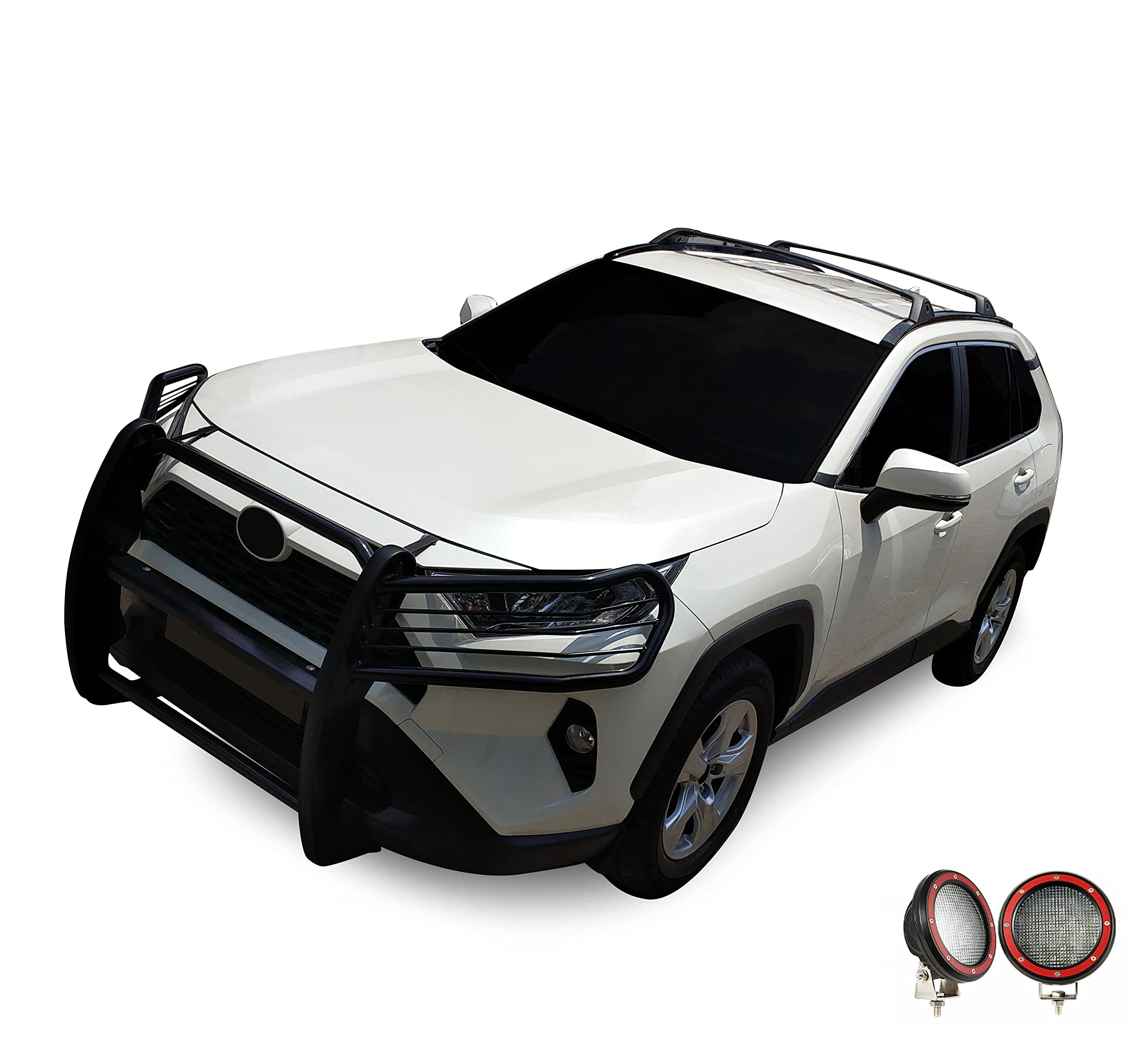 Bumper Guard Black Horse Grille Brush Modular Black Come with Pair of 5.3" Dia.LED Lights with Red Trim Rings Compatible with 2019-2024 Toyota RAV4-17A093904MA-PLFR