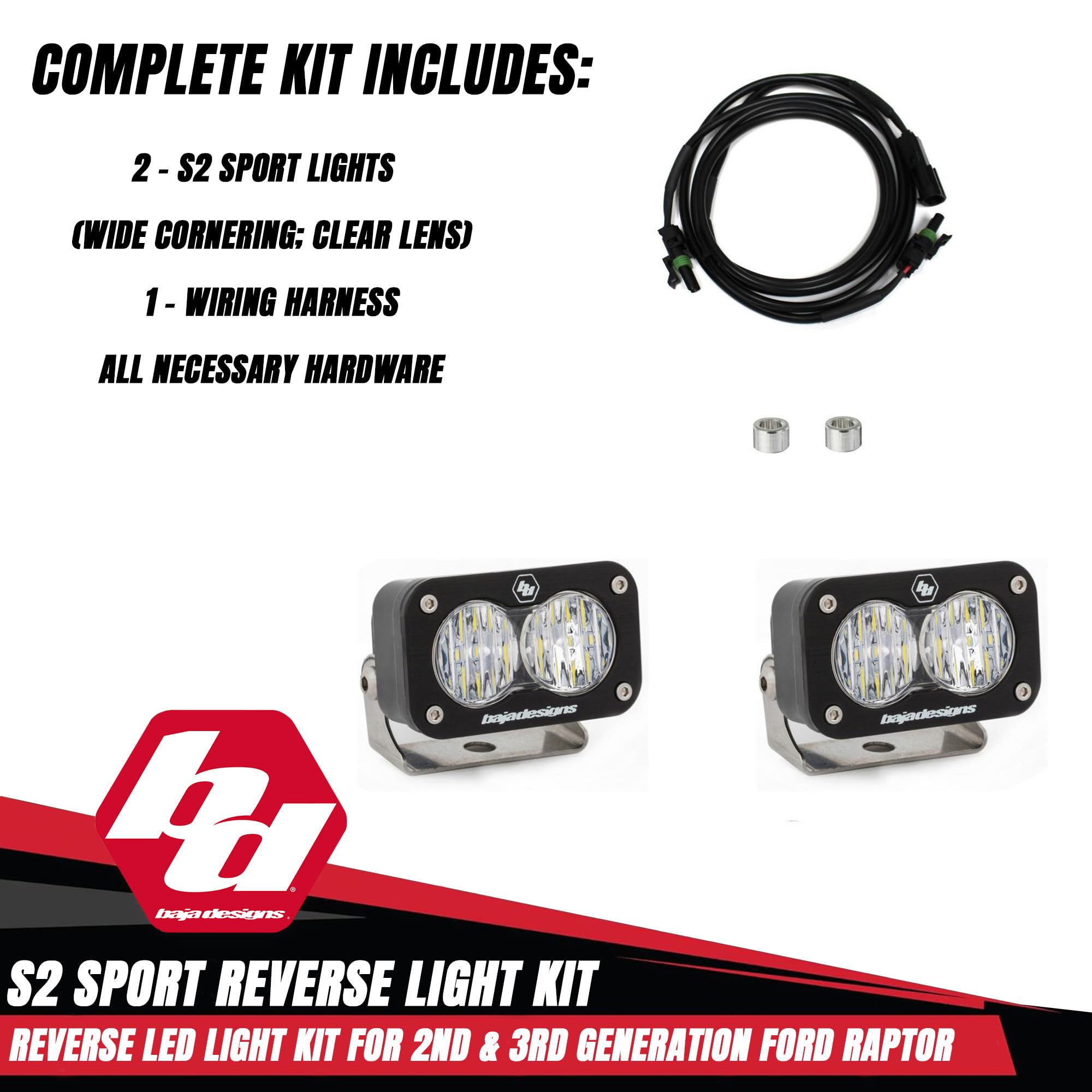 Baja Designs S2 Dual Sport LED Reverse Light Kit for Ford F-150 Raptor 2017-22 Truck (Wide Cornering; Clear)