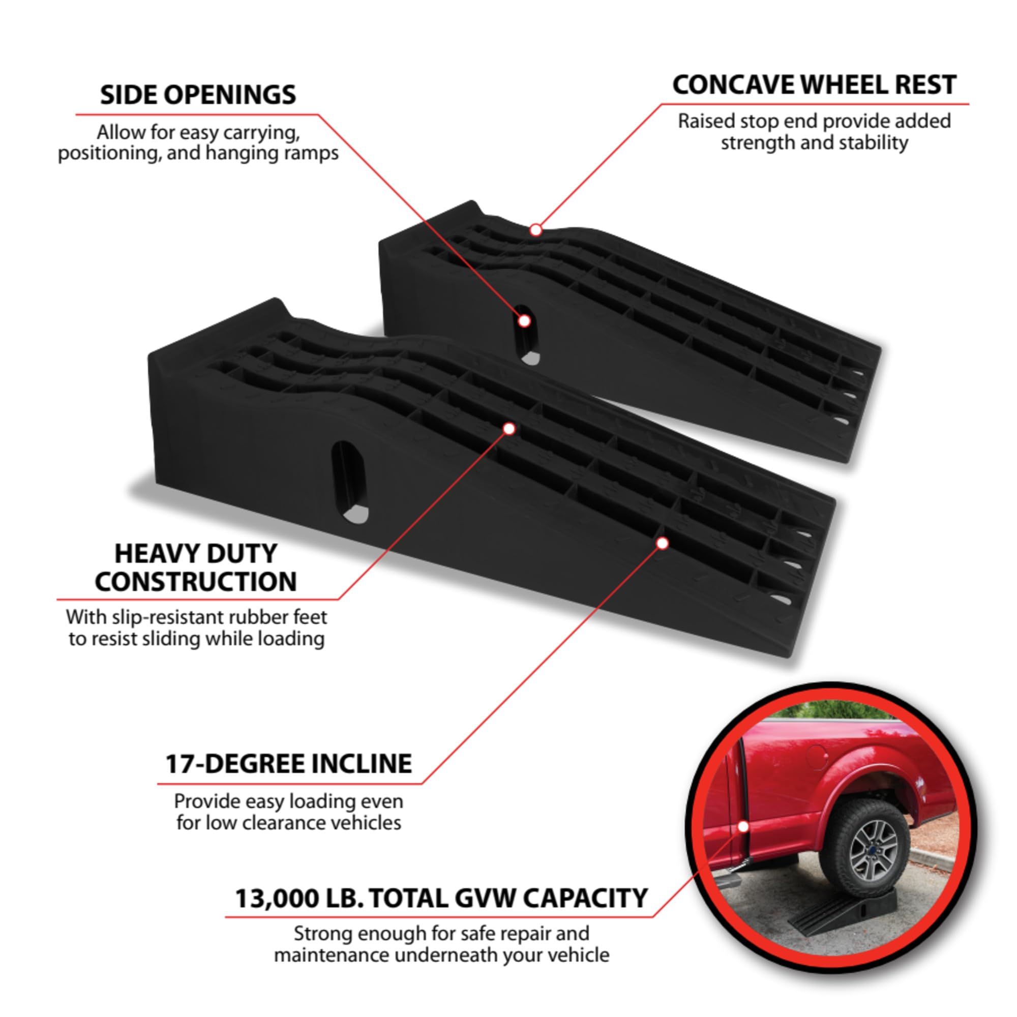 W41013 Performance Tool Vehicle Ramps, 13,000 lbs. GVW Capacity, Heavy Duty Polypropylene with Slip-Resistant Rubber Feet, 6-1/4-Inch Lift Height, Works with Low Clearance Vehicles